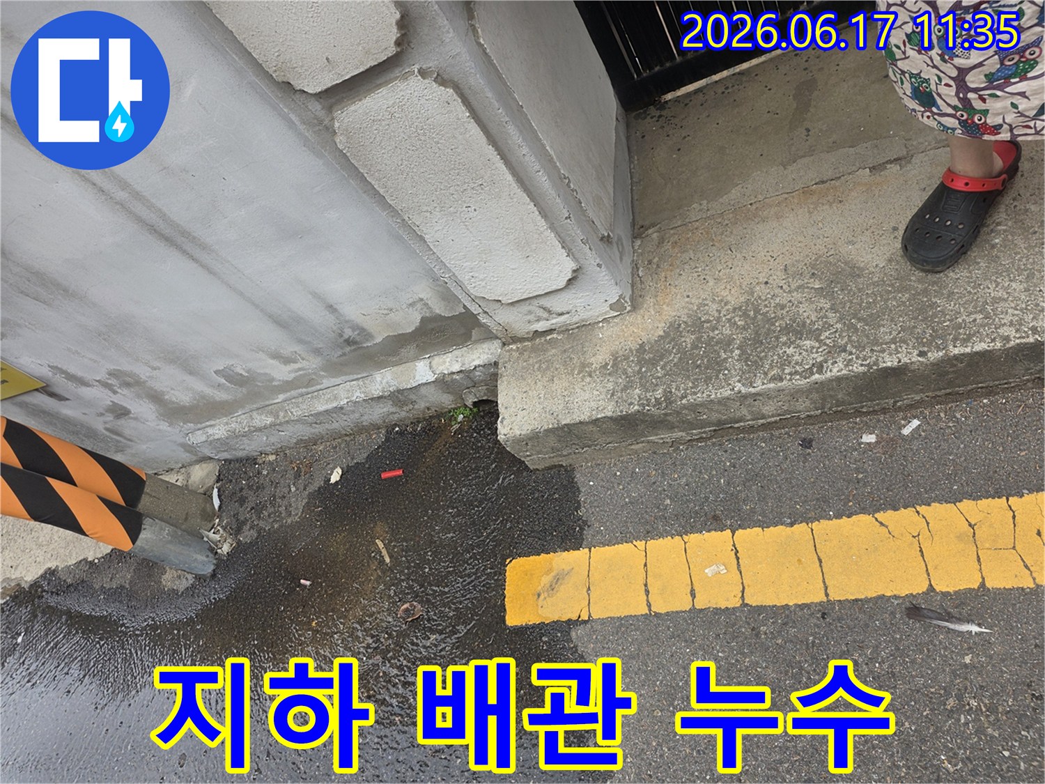 도로-옆-콘크리트-구조물-하단에서-물이-새어-나와-고여있는-누수-현장-모습