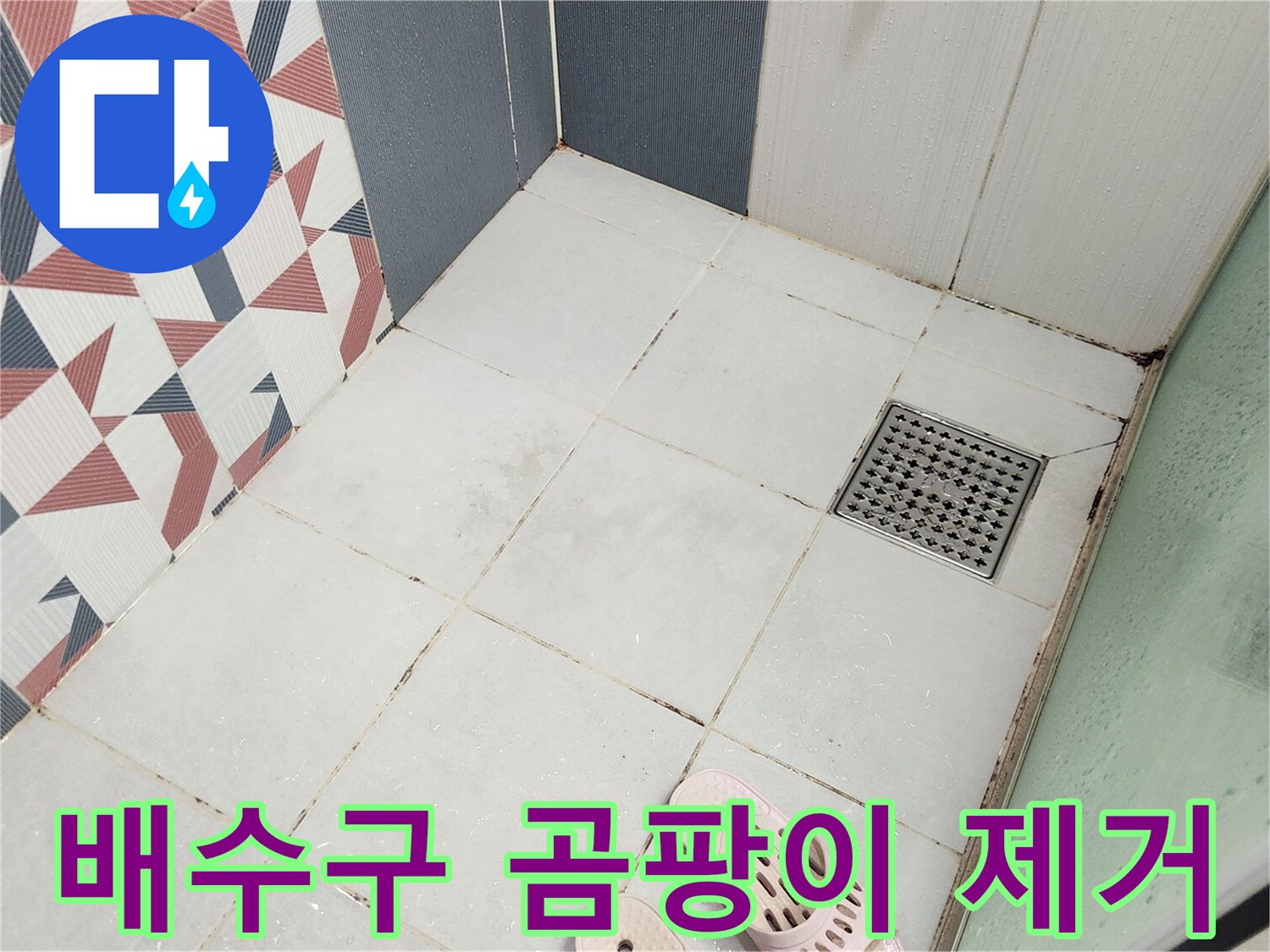 화성 동탄 아파트 샤워실의-배수구 주변에-발생한-곰팡이를-확인하고-누수 원인을-점검하는-모습입니다