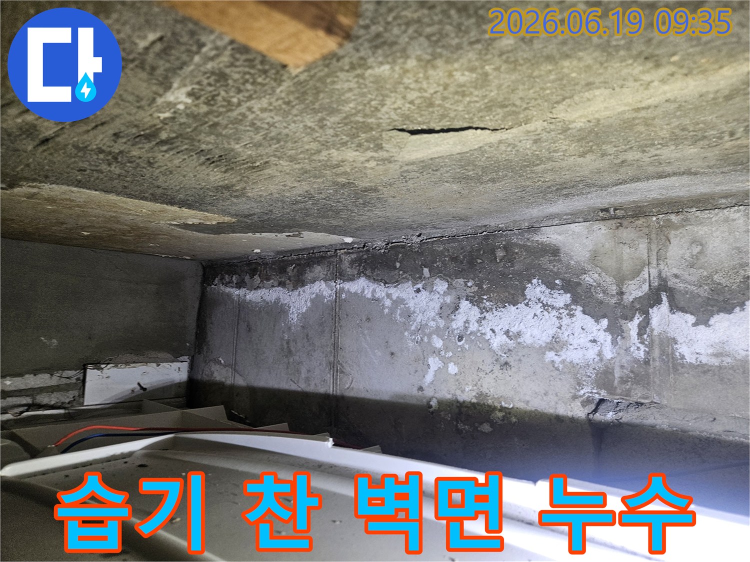 아파트 천장과-벽면에 나타난-누수 흔적-백화 현상-그리고 곰팡이 발생-상황을 보여주는-사진입니다.
