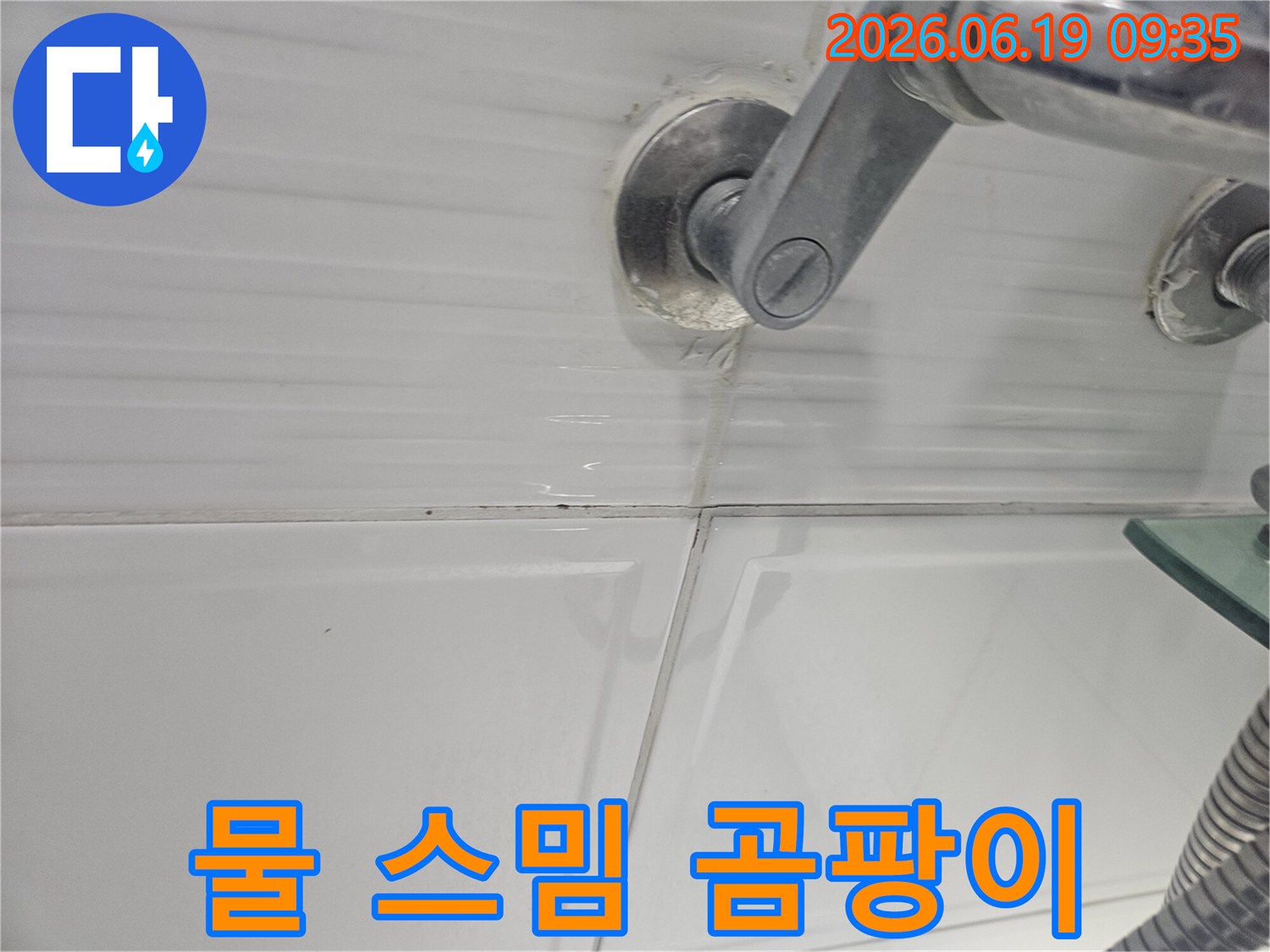 욕실 샤워기 고정부 주변의-물 스밈과 곰팡이 발생을-확대하여 보여주는-누수 진단 사진입니다