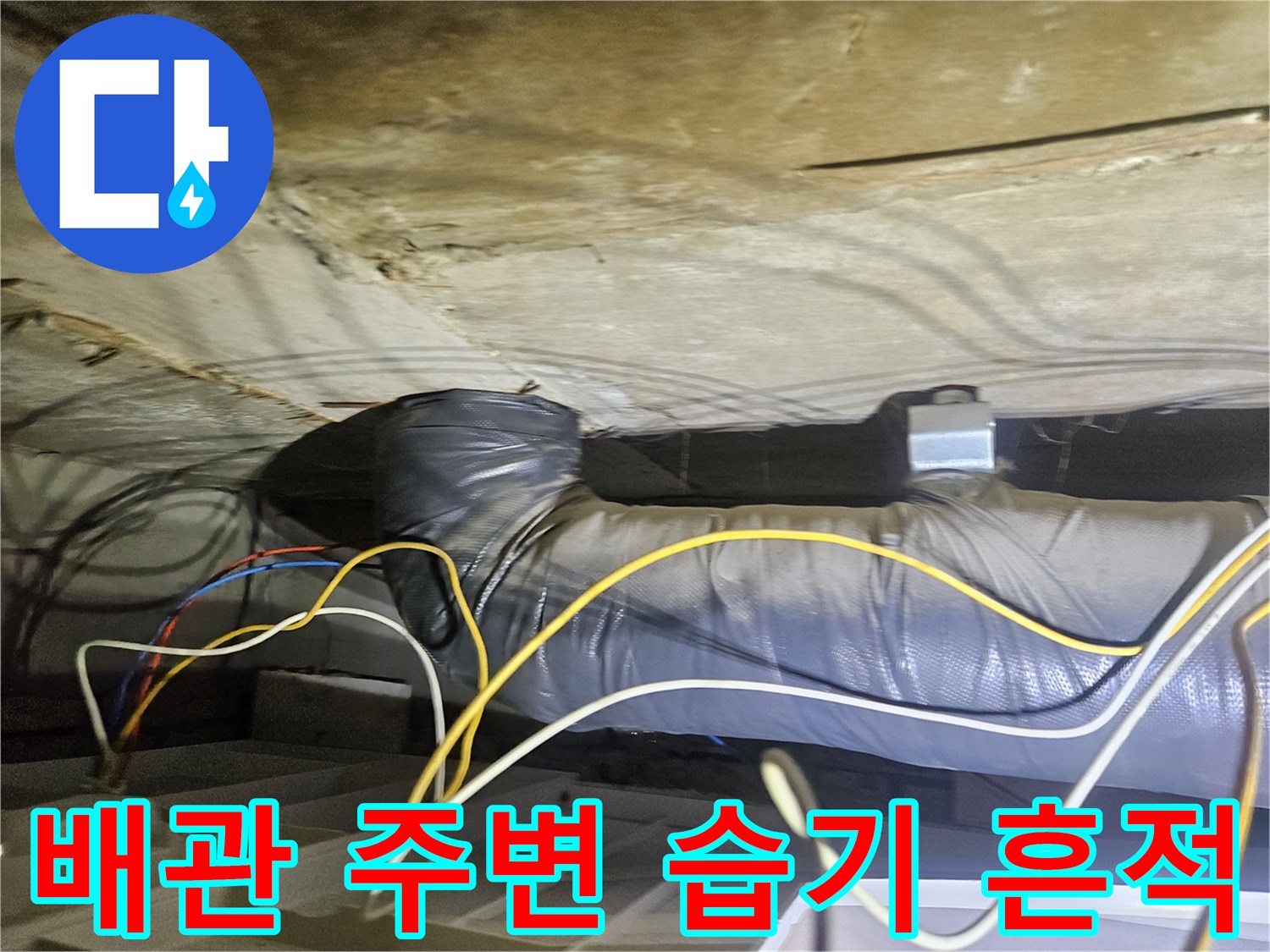 천장 내부 구조-배관 주위의 젖은 단열재 상태