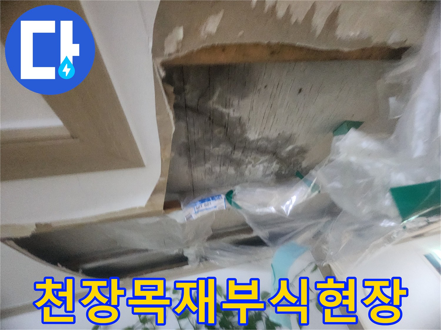 천장 내부의 목재 구조물이-물에 젖어 변색되고-손상된 상태를 보여주는-누수 현장 사진입니다