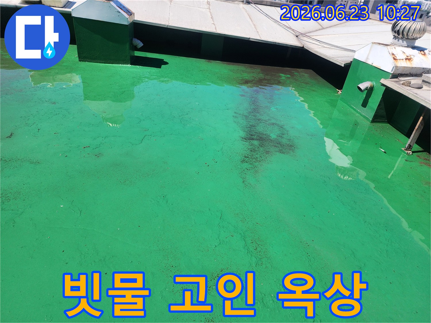 배수 불량으로 인해-옥상에 물이 차 있는-누수 문제의-시작점을 보여줍니다