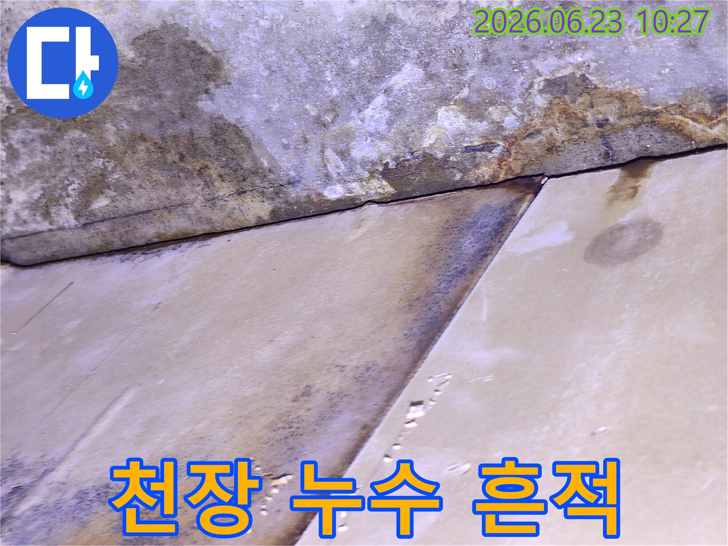 천장 표면에 물이 새어 얼룩과 변색이 나타나고-곰팡이가 시작된 듯한-누수 피해 현장
