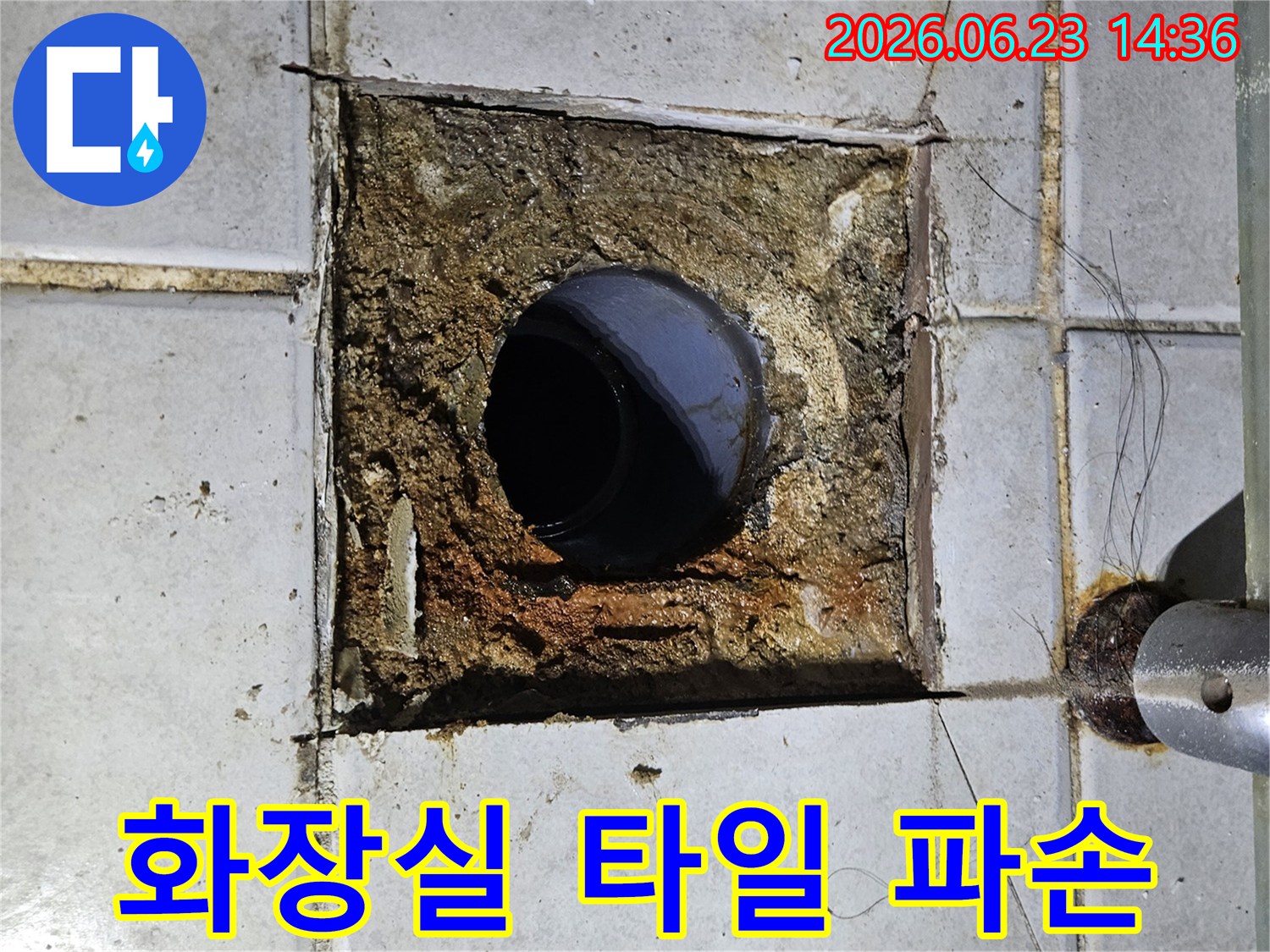 화장실 배관 주변의 타일이 심하게 파손되고-누수로 인해 흙이 드러난 모습을 보여주는 현장