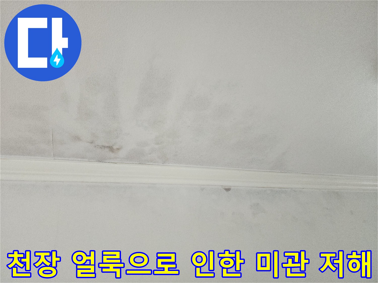 누수로 인해-얼룩지고-변색된-천장의 모습으로-집안 전체의-미관을 해치고-있음을 보여줍니다