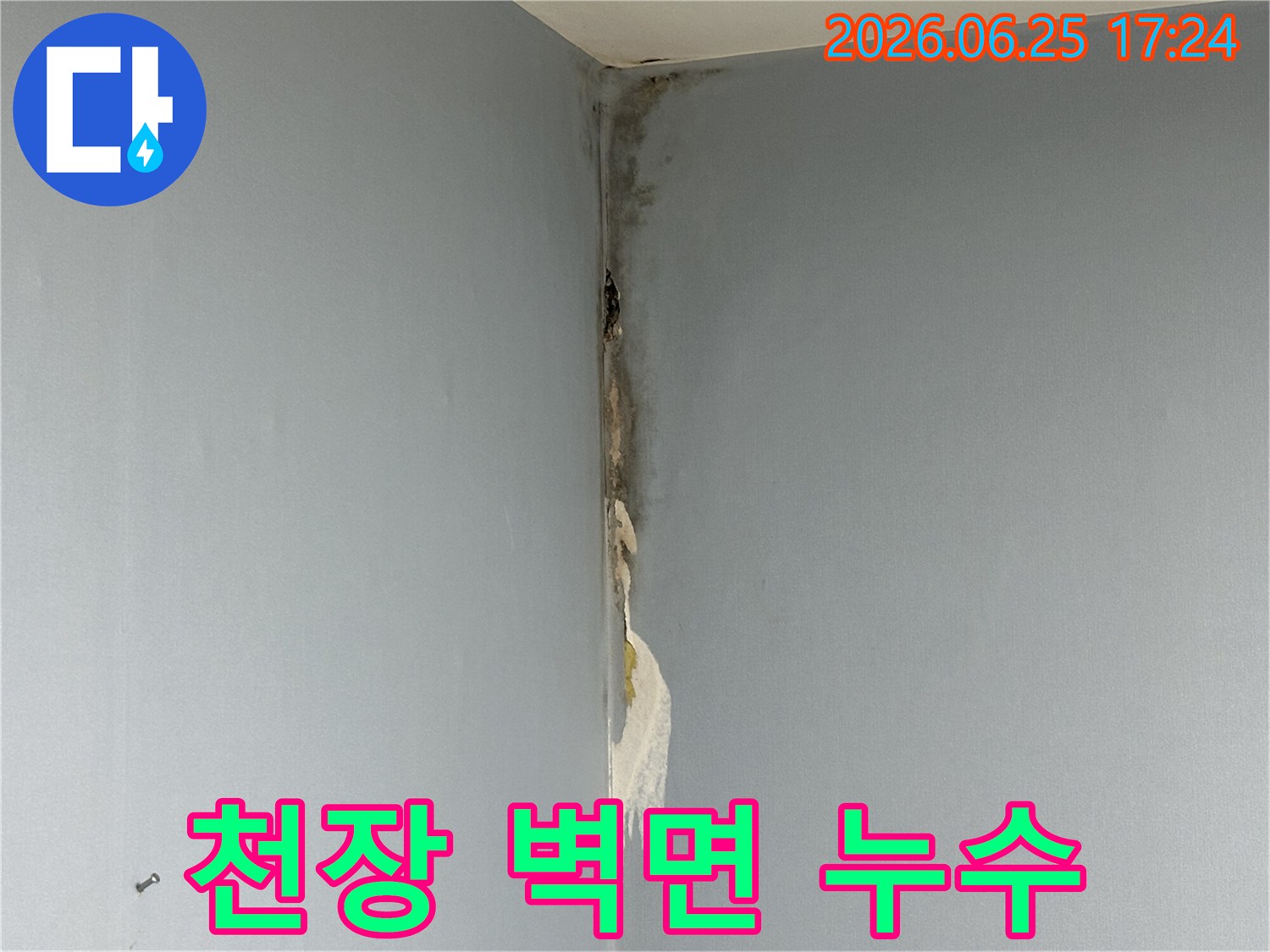 아파트-천장과-벽면-코너에서-발생한-누수로-인해-벽지가-젖고-심한-곰팡이가-피어난-손상-현장을-보여주는-사진입니다