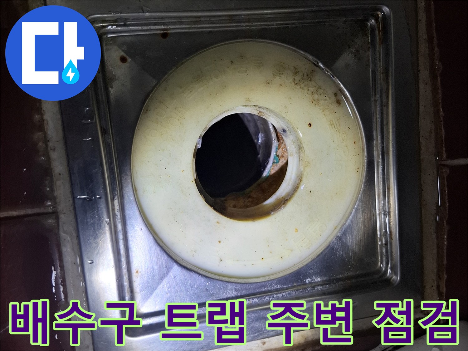 배수구 트랩의 오염된 내부와 주변 타일 모습
