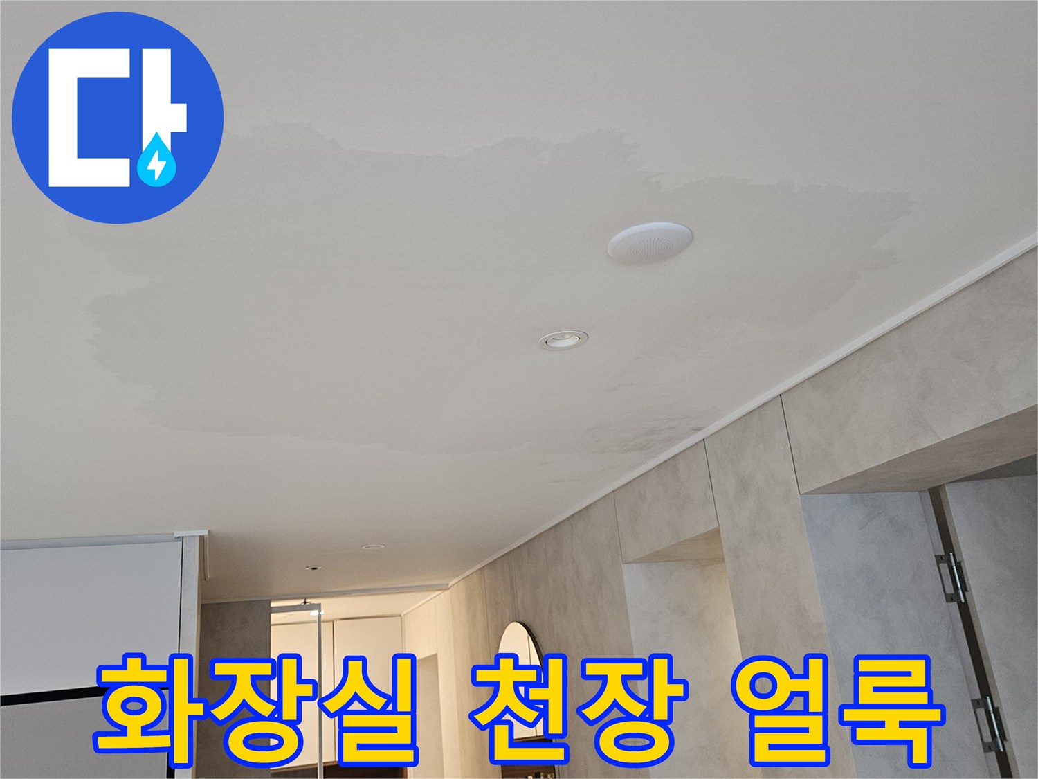 아랫집 화장실 천장에 발생한 누수 흔적과 습기 젖은 부분