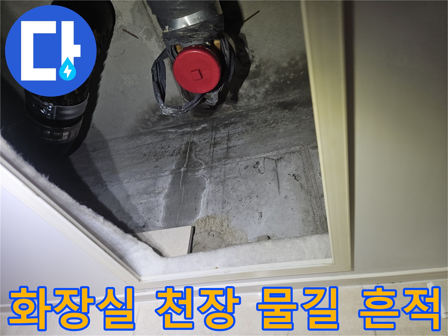 안양 아파트 화장실-천장 콘크리트 슬래브에 나타난 누수 흔적과 배관 상태