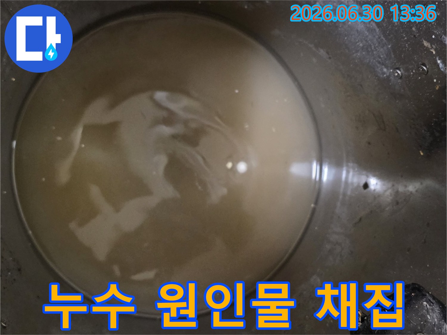 누수-탐지-과정에서-수집된-탁한-물-배관-내부-오염-상태-확인-누수-원인-분석-중-오염된-물-증거-사진
