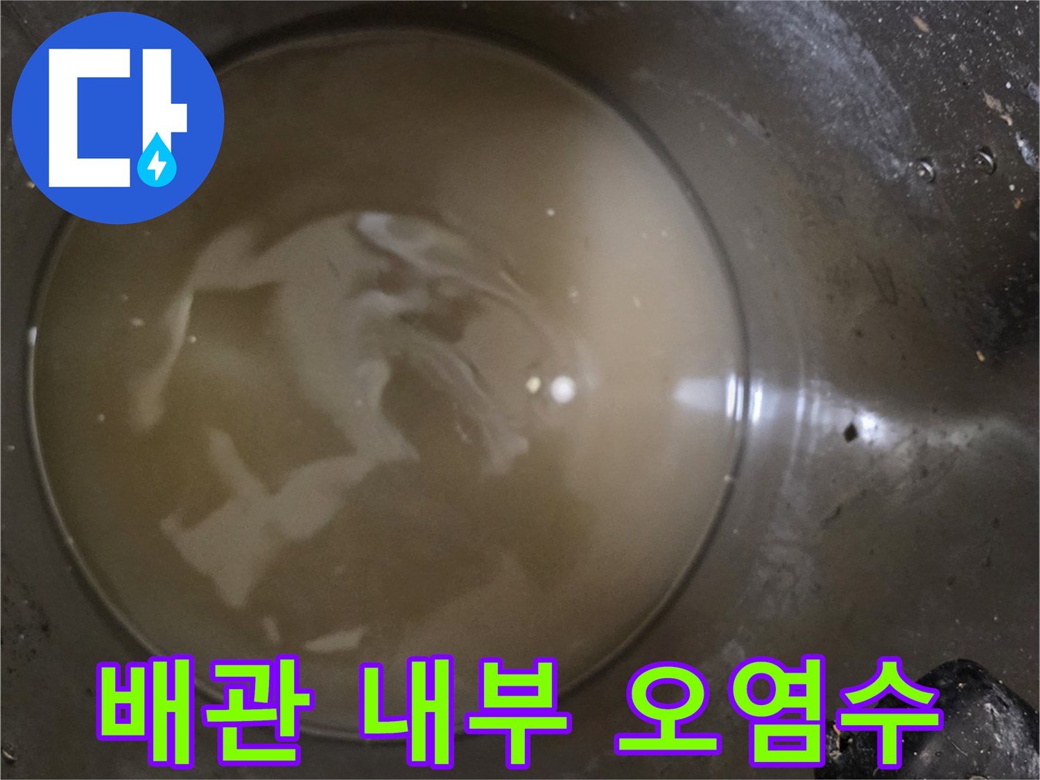 배수 호스 주변에 고인 탁한 물 - 누수 탐지 작업 중 발견된 현상