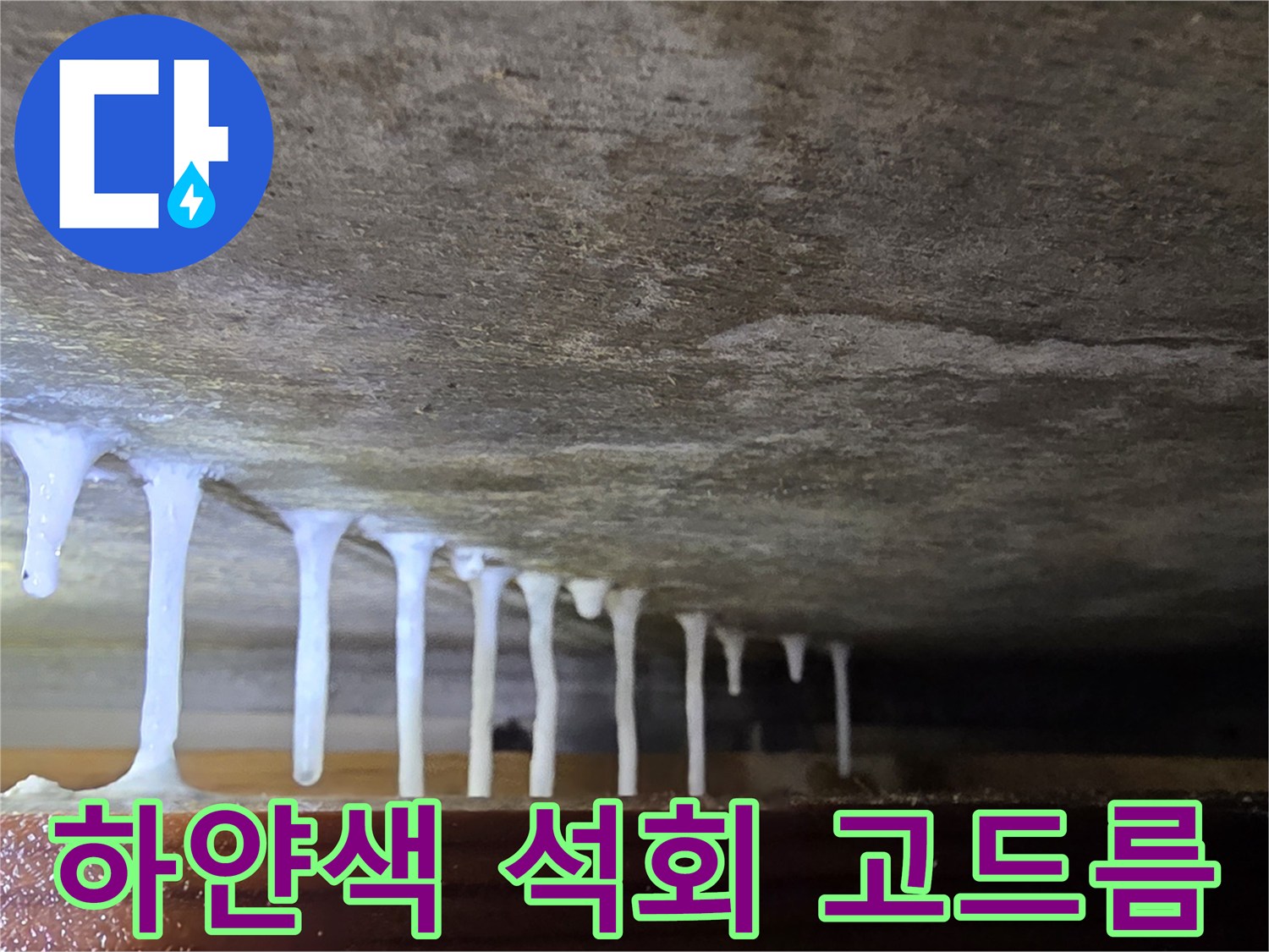 천장 하부에 형성된 석회물 고드름 현상