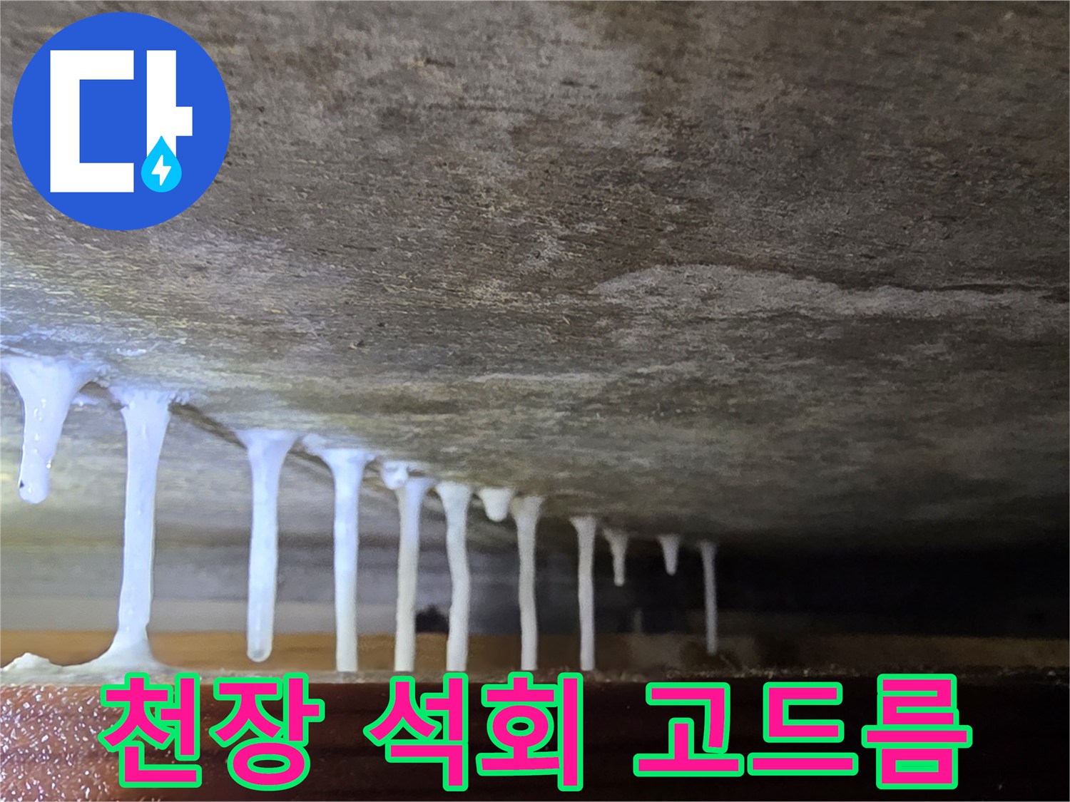 콘크리트 슬래브-하단에 형성된-하얀색 석회물 고드름