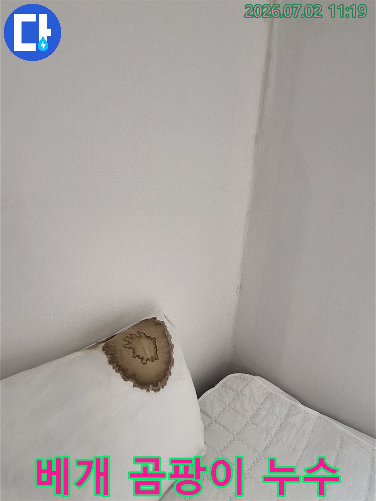 천장-누수-문제로-베개와-벽면이-젖어-오염된-사진