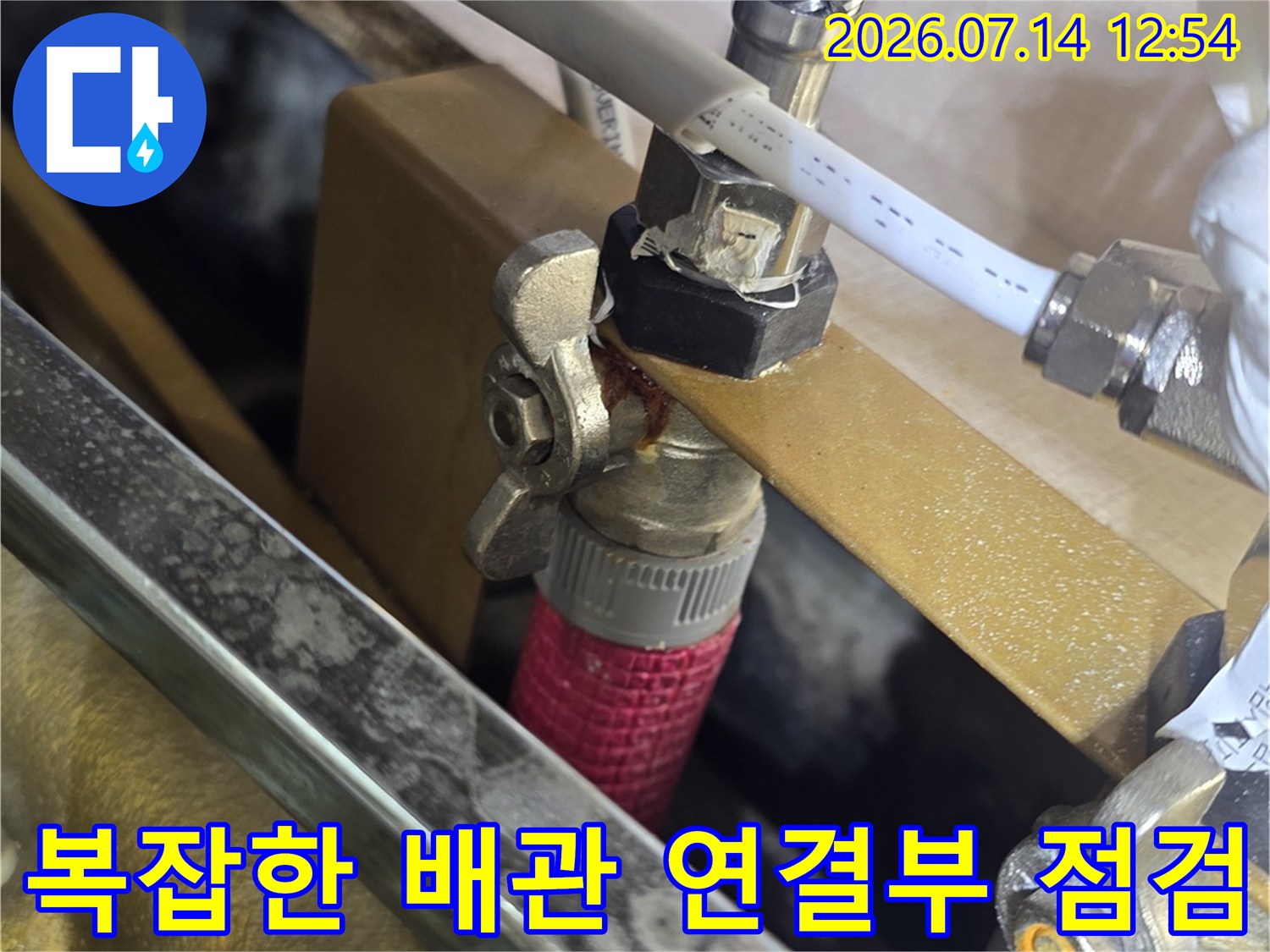 싱크대 하단에 복합적으로 구성된 급수 및 온수 배관망을 조사하는 장면