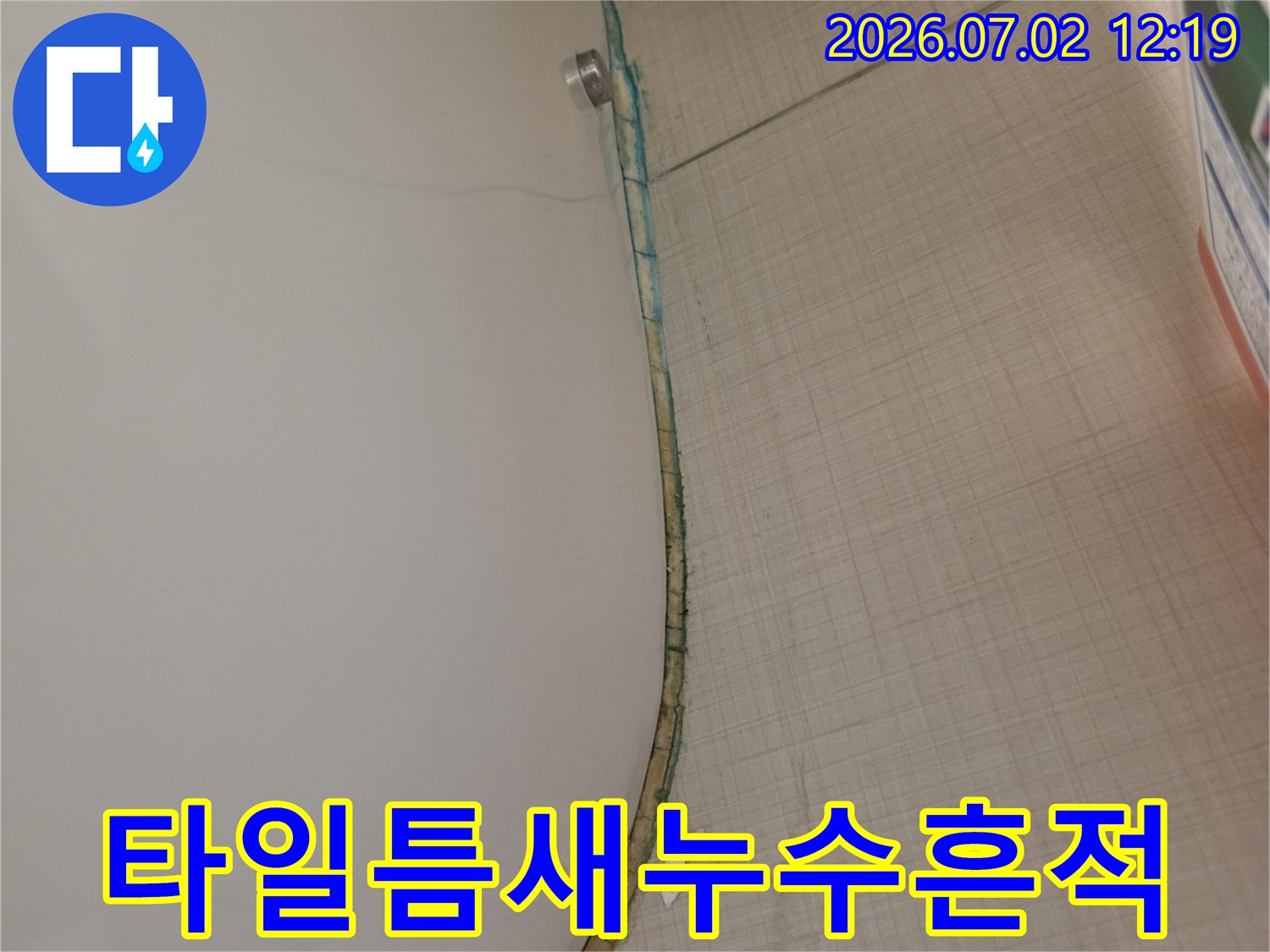 변기 아래 타일 틈새로-물이 스며들어-오염된 상태를-가까이서 촬영한 모습입니다.