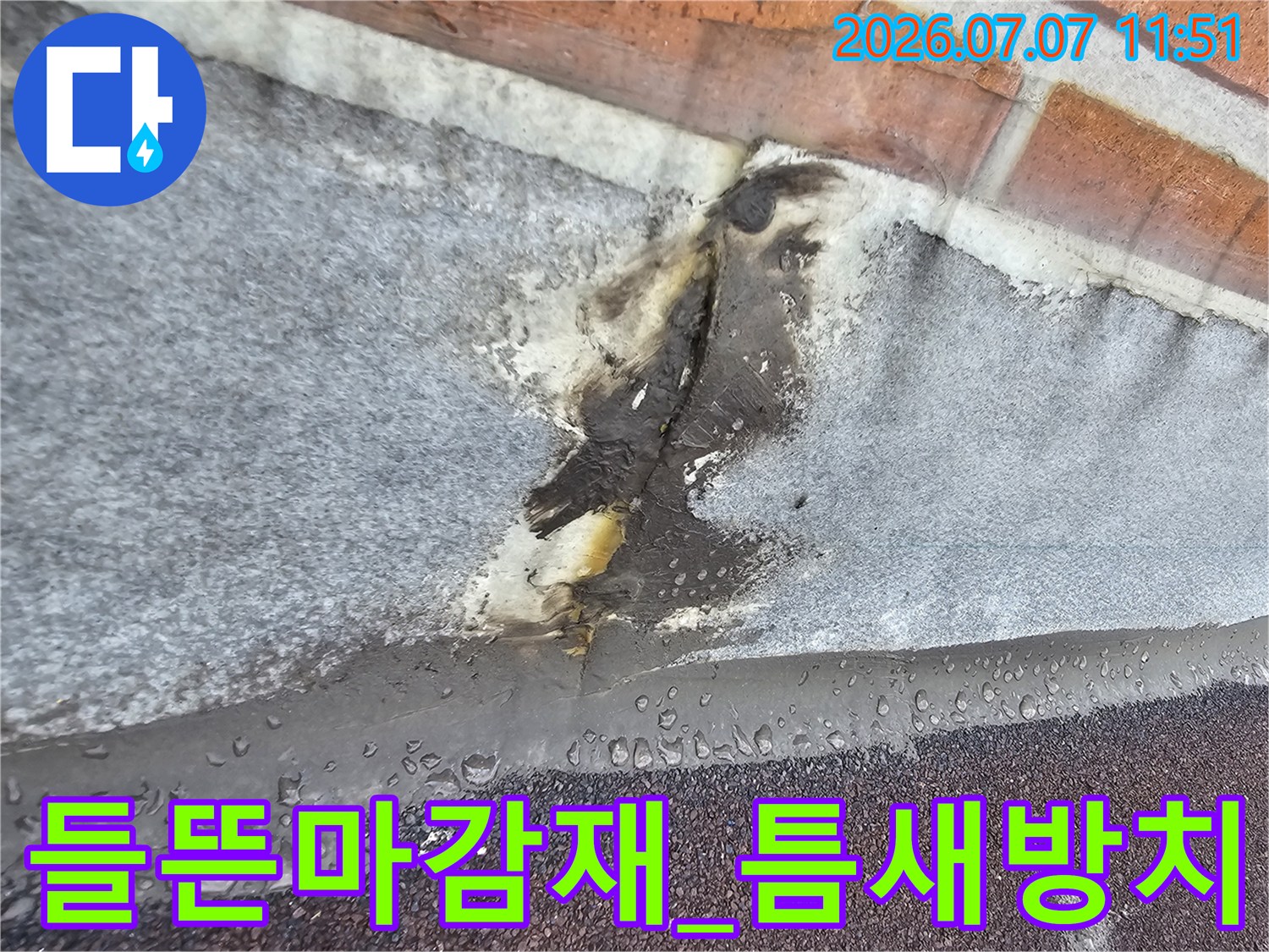 외부 마감 재료가 들뜨고 파손되어 노출된 균열 부위