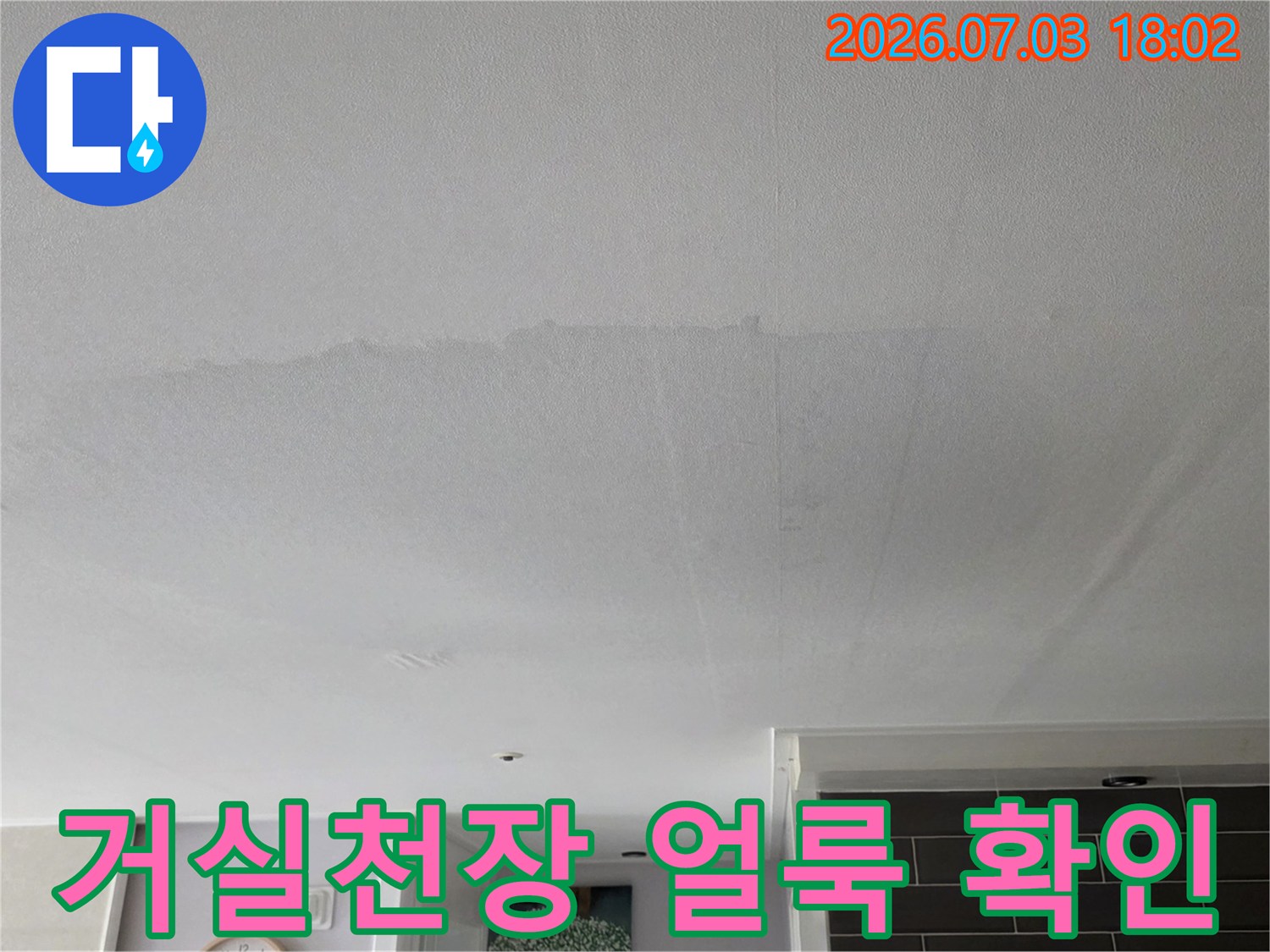 거실 천장의 물자국과 변색된 도배면 상세 촬영