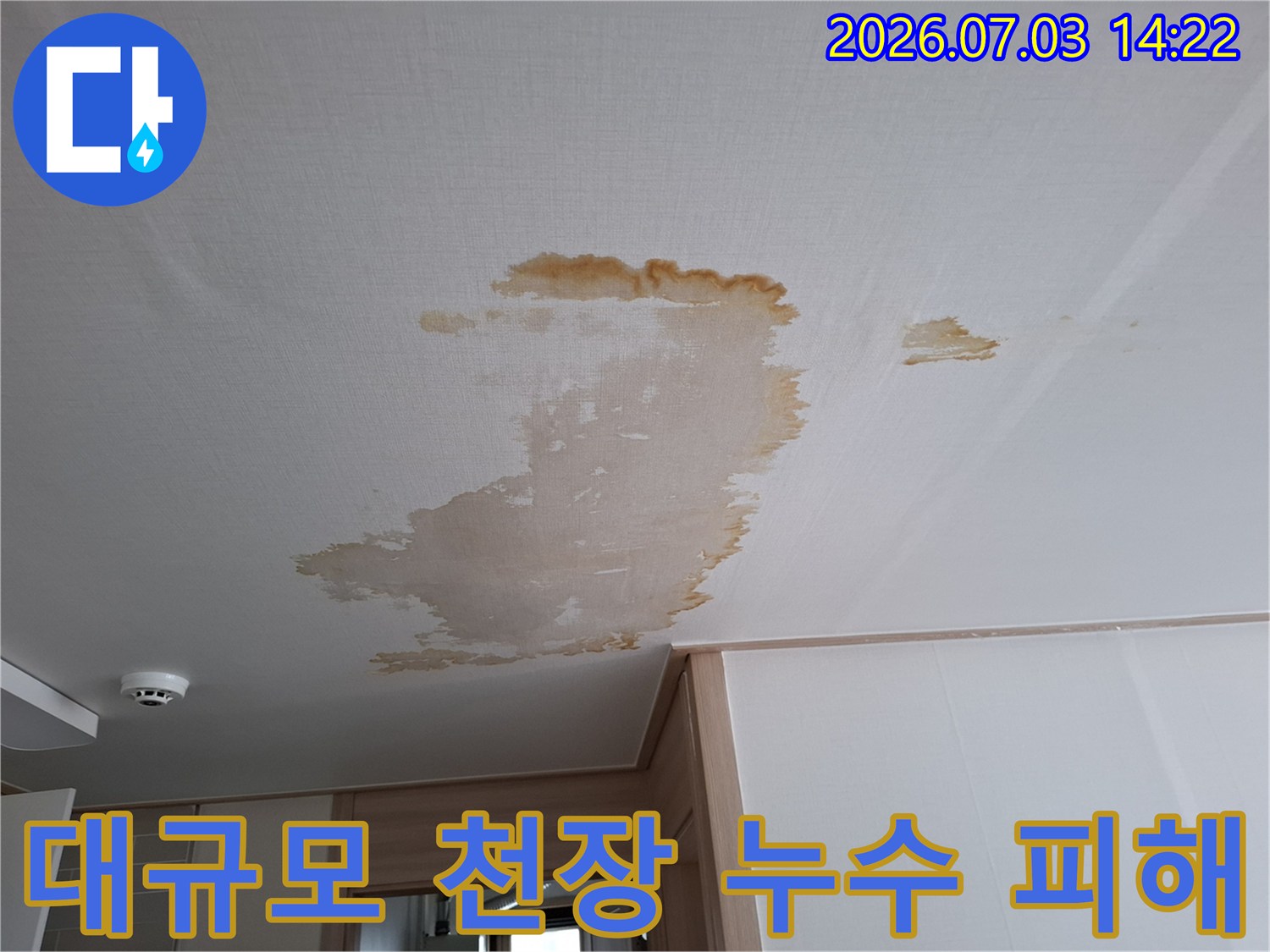 상부에서 지속적으로 유입된 물로 인한 천장 마감재 변색 현황