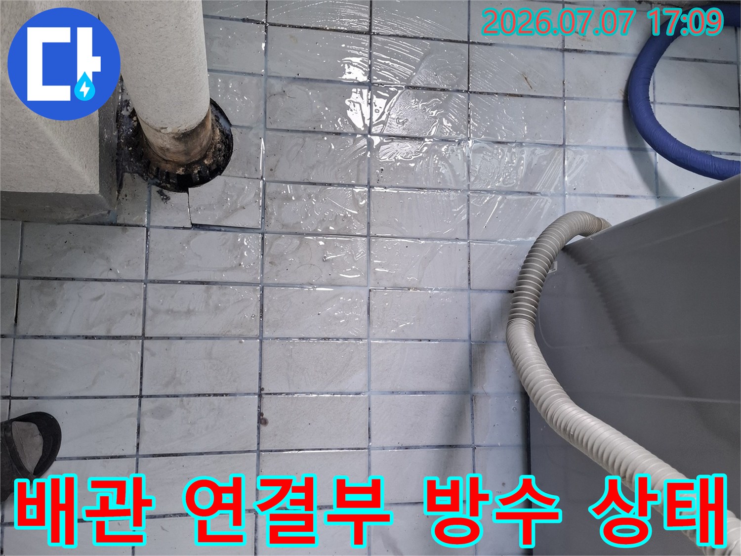 우수관과 연결된 배관의 노출 부위 점검 모습