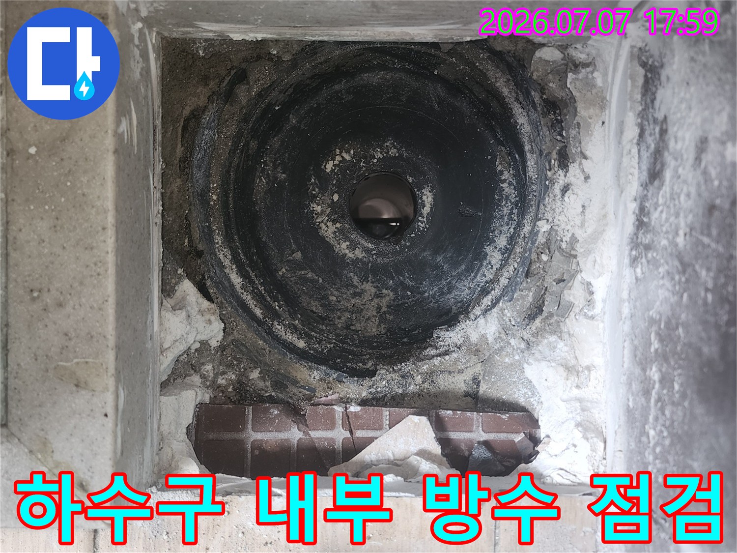 세탁실 배수용 유가를 탈거하고 하수관 연결부의 상태를 정밀하게 확인하는 사진