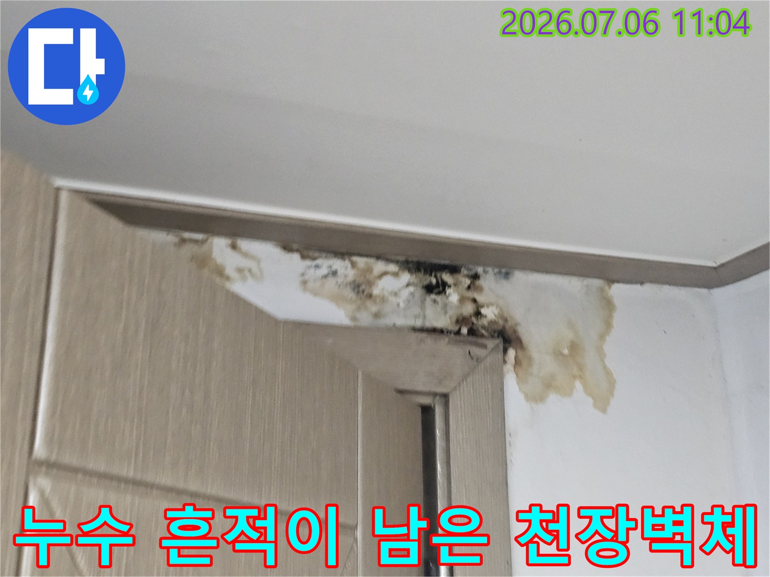 천장과 벽이 만나는 지점에 집중된 누수 피해 및 곰팡이 발생 부위