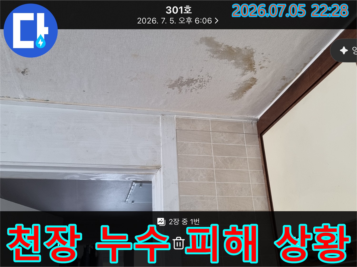 곰팡이와 변색으로 오염된 아파트 천장과 벽면의 누수 흔적