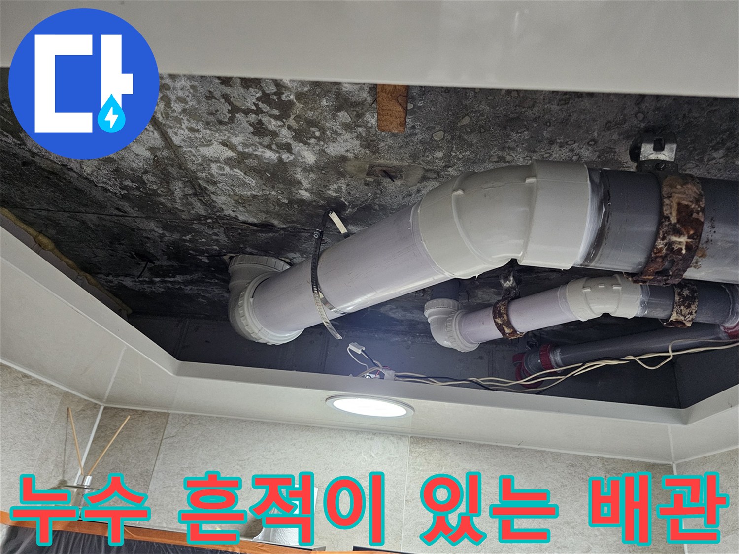천장 내부-곰팡이로 오염된 배관 주변