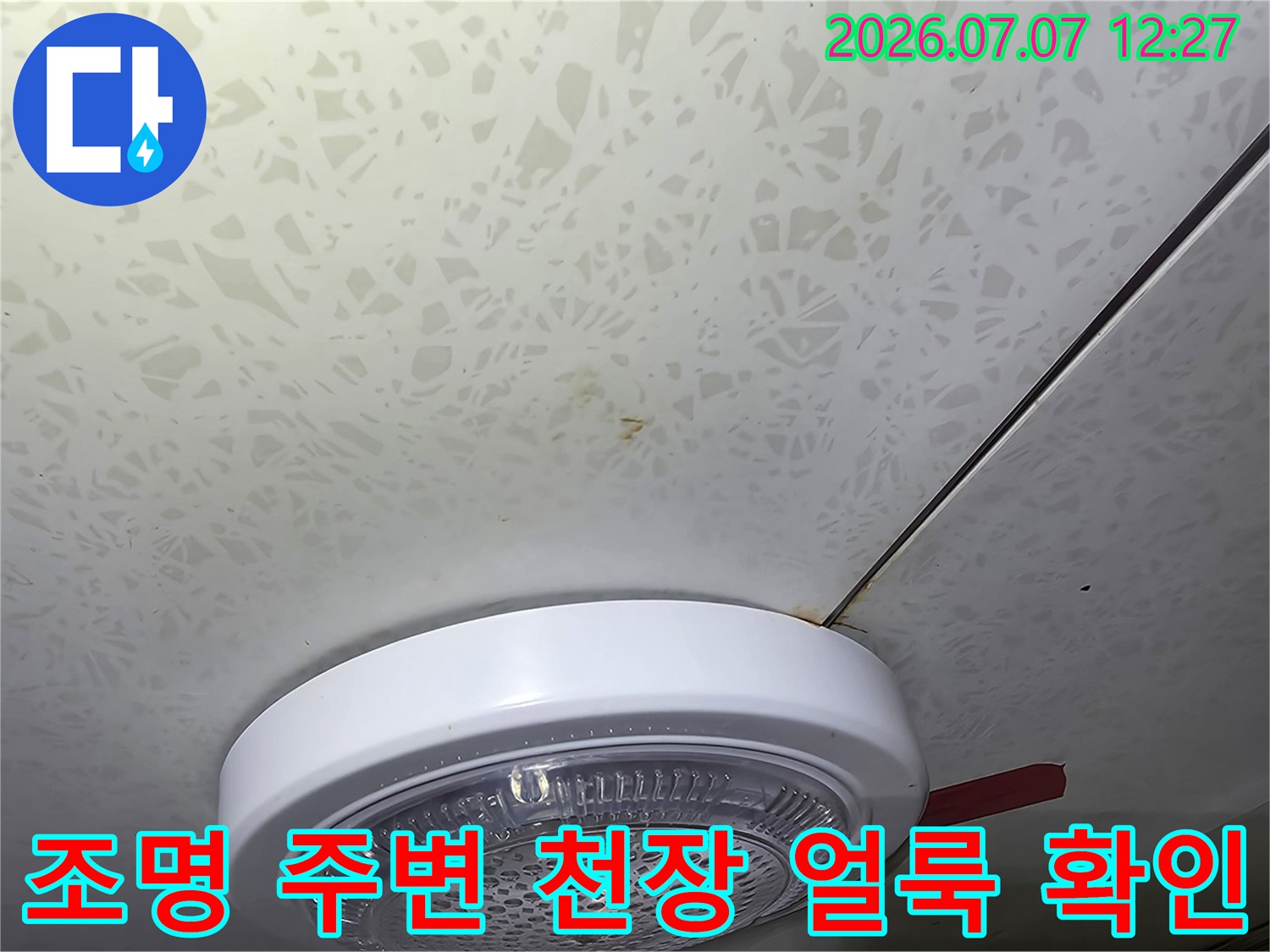 천장 조명 기구 부근에 형성된 누수 오염과 변색의 양상