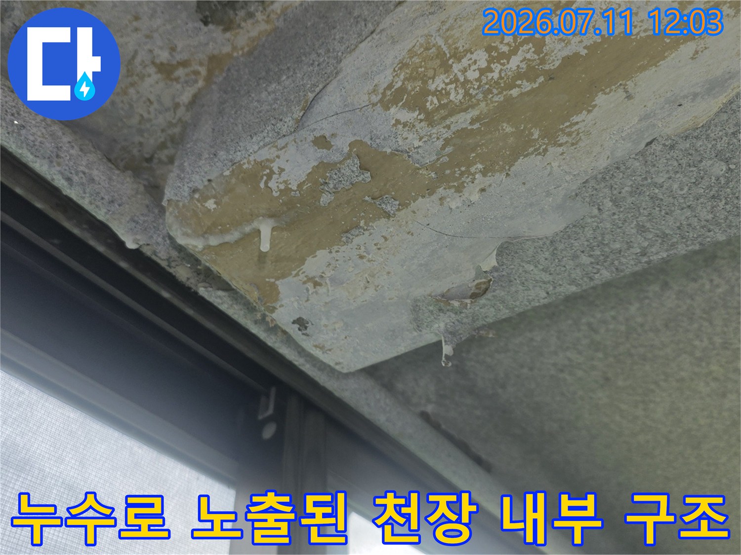 베란다 상부 누수가 지속되어 콘크리트가 부식되고 탈락한 실태 사진