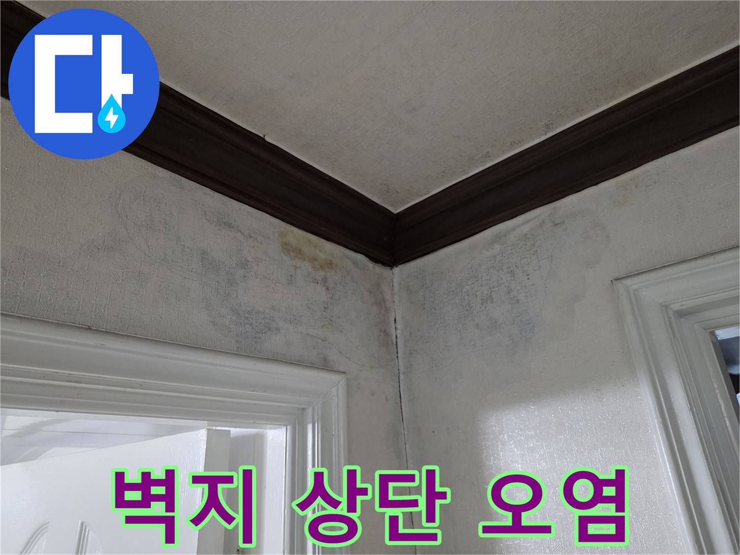 천장-경계-부근의-어둡게-변색된-습기-머금은-벽지