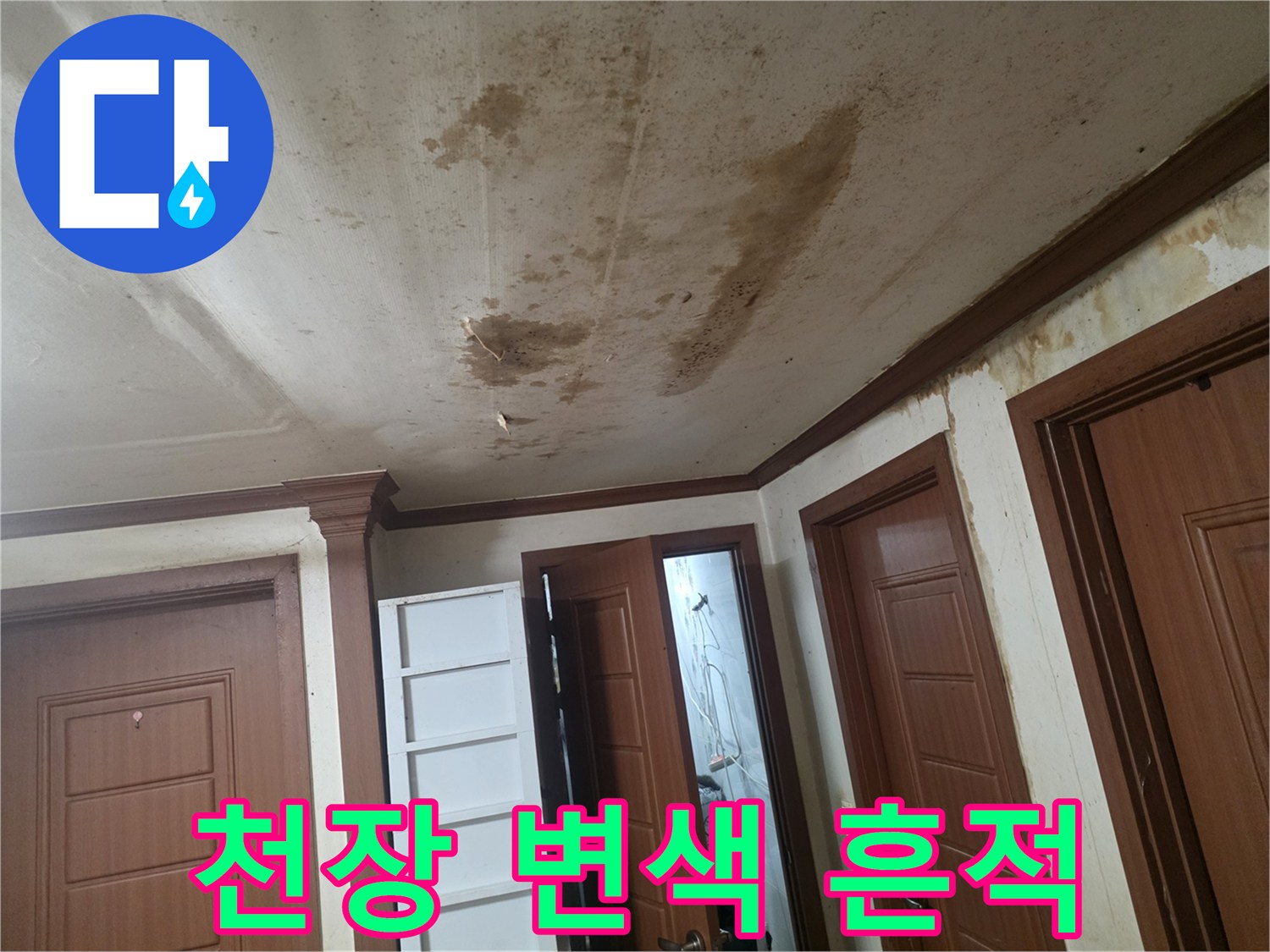 누수 발생으로 인해 넓게 번진 천장 벽지의 갈색 얼룩