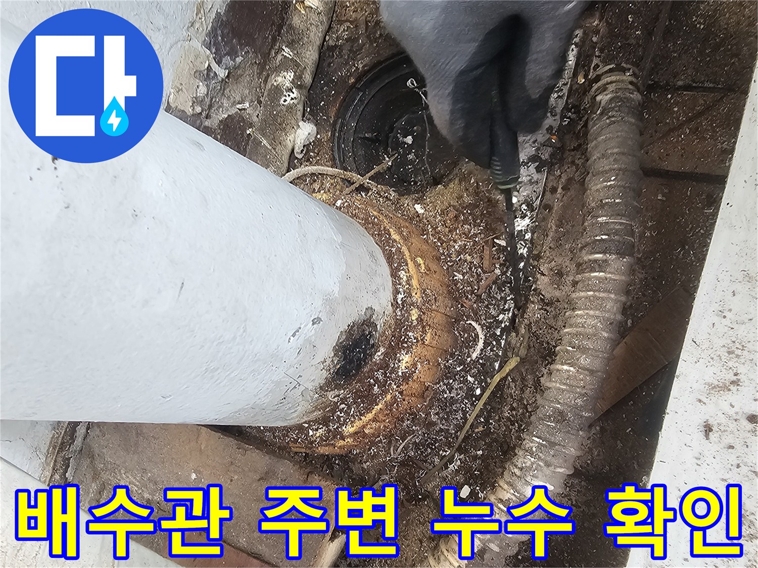 일산서구 아파트-베란다 배수관 연결 부위의 누수 흔적 및 곰팡이 상태