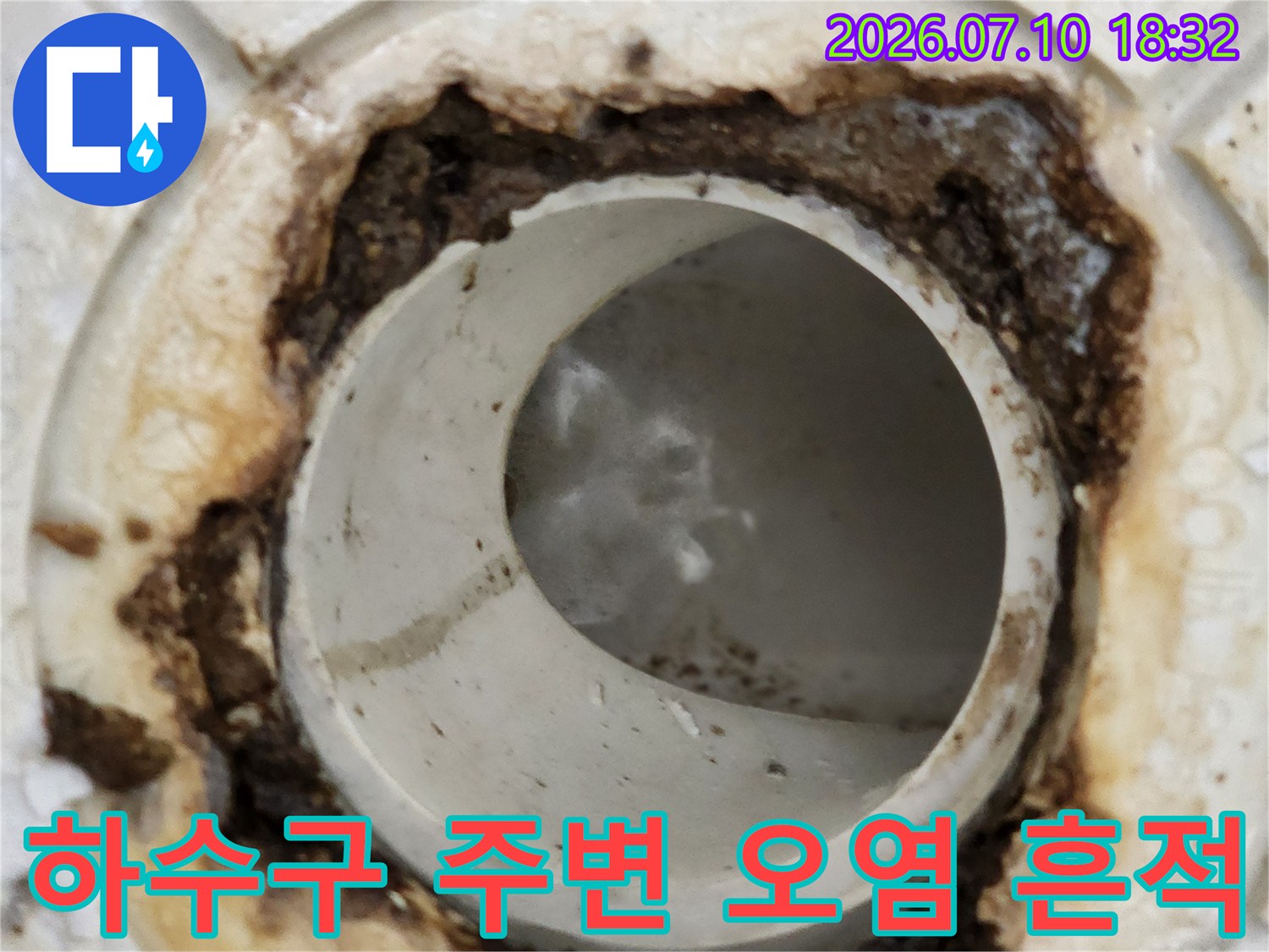 하수구 배관 주변의 검은색 오염과 습기로 인한 손상 부위
