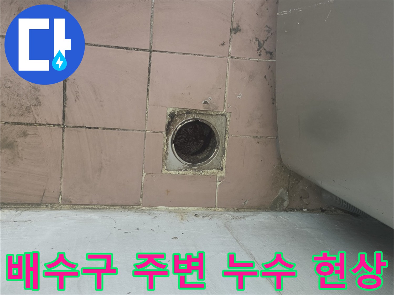 세탁실 하수구 주변 타일의 습기와 누수 흔적을 촬영한 사진입니다.