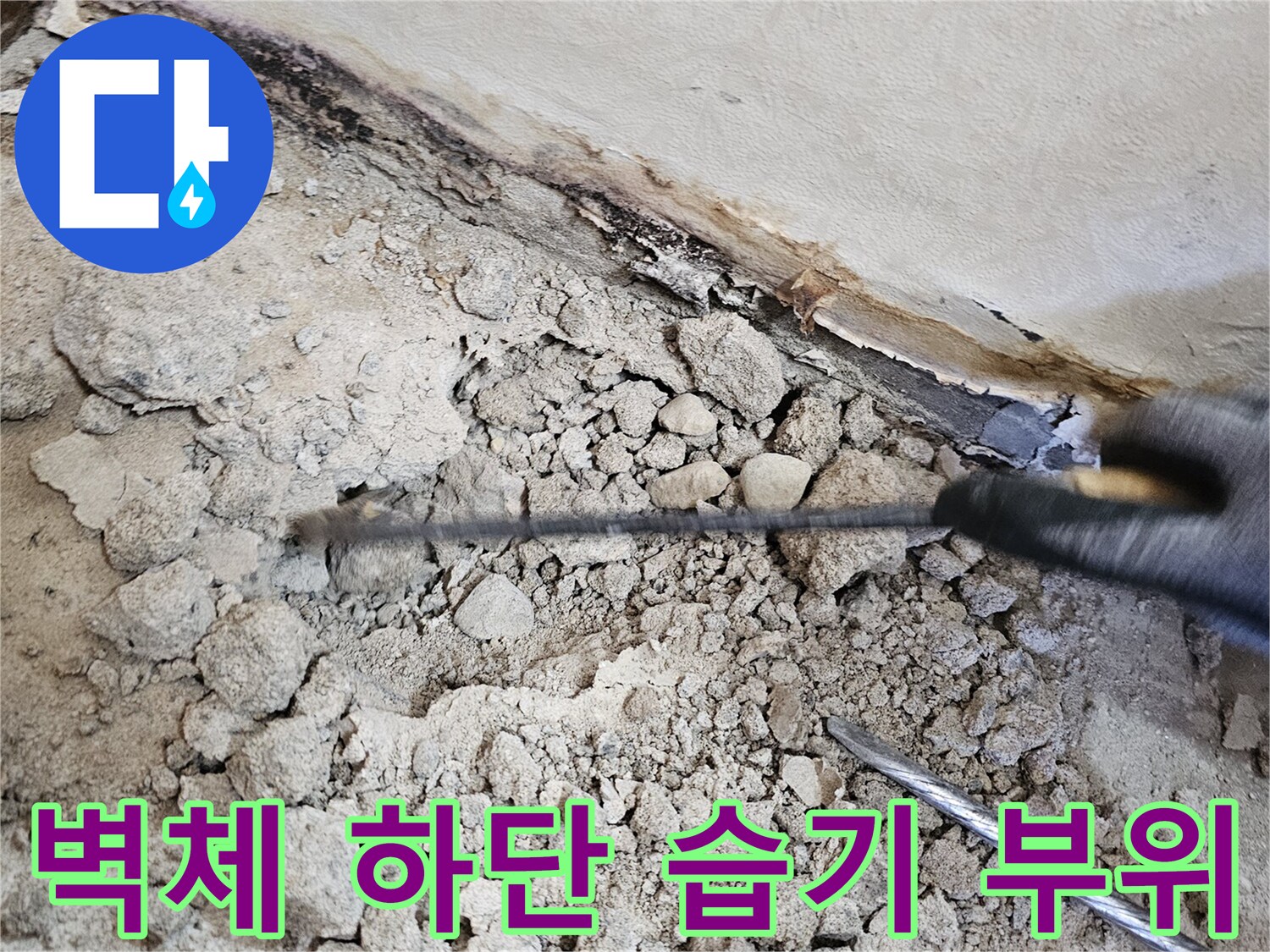 자양동 현장-벽면 하단부의 젖은 흔적과 곰팡이 발생 위험 구간