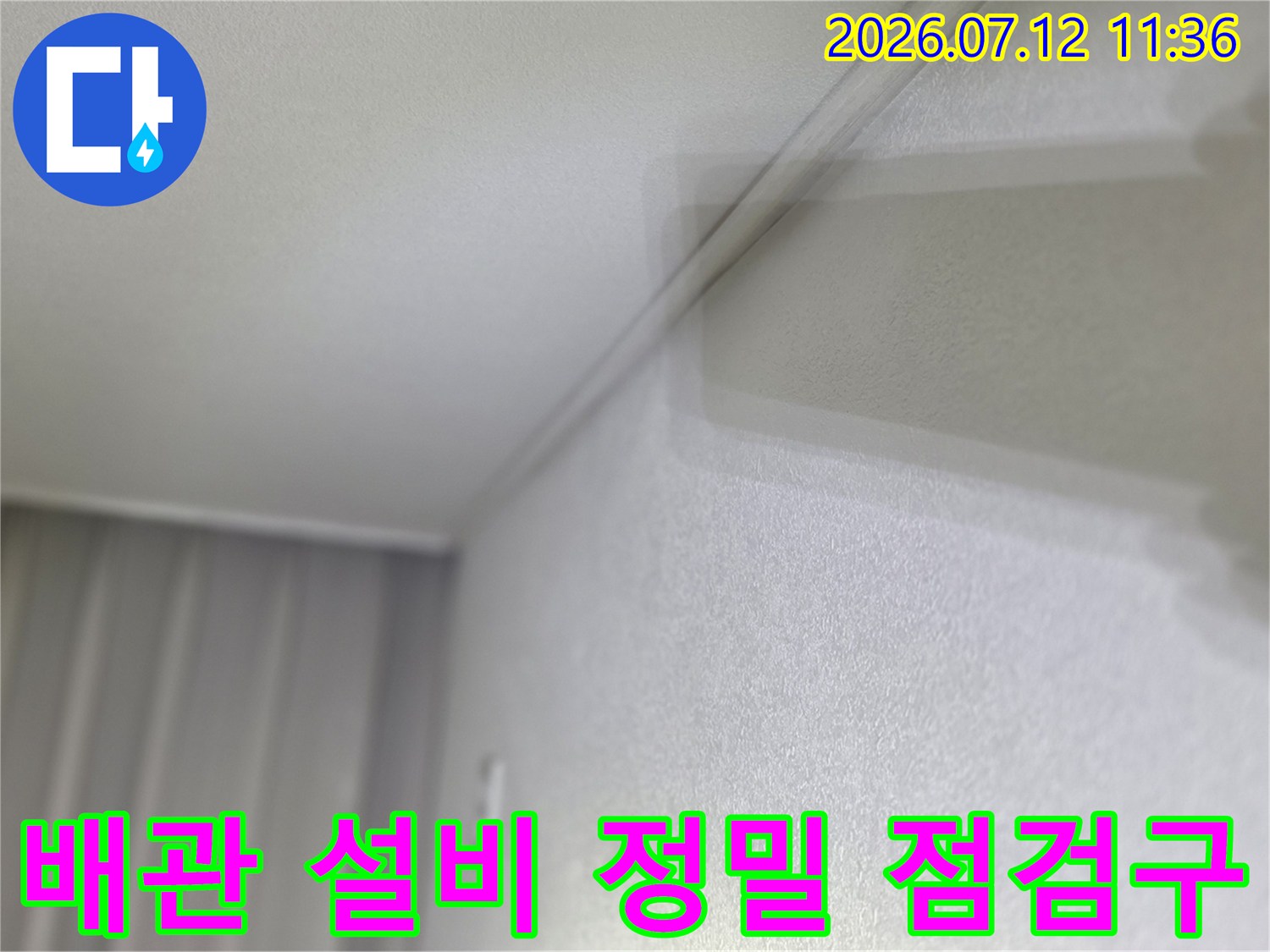 천장 내부에 노출된 여러 배관의 상태와 연결 부위를 면밀히 살피는 장면