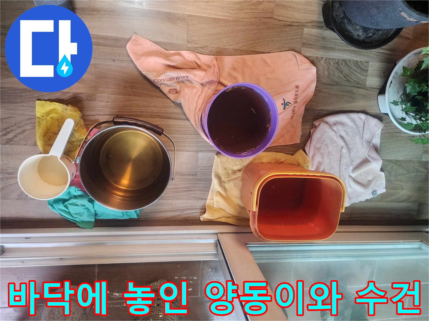 누수 현장에서 물을 받기 위해 준비된 양동이와 마른 수건