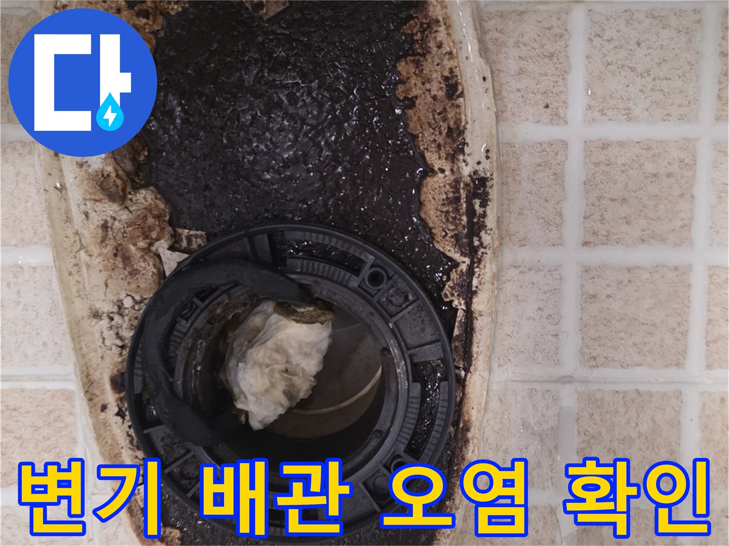 변기 탈거 후 드러난 변기 배관과 주변의 심각한 오염 상태입니다.