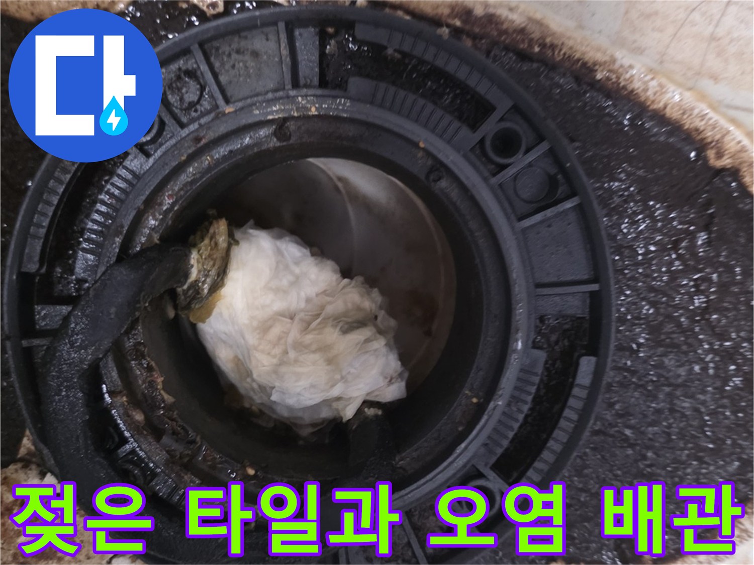 변기 탈거 후-오수관 주변의 곰팡이와 오염된 바닥재