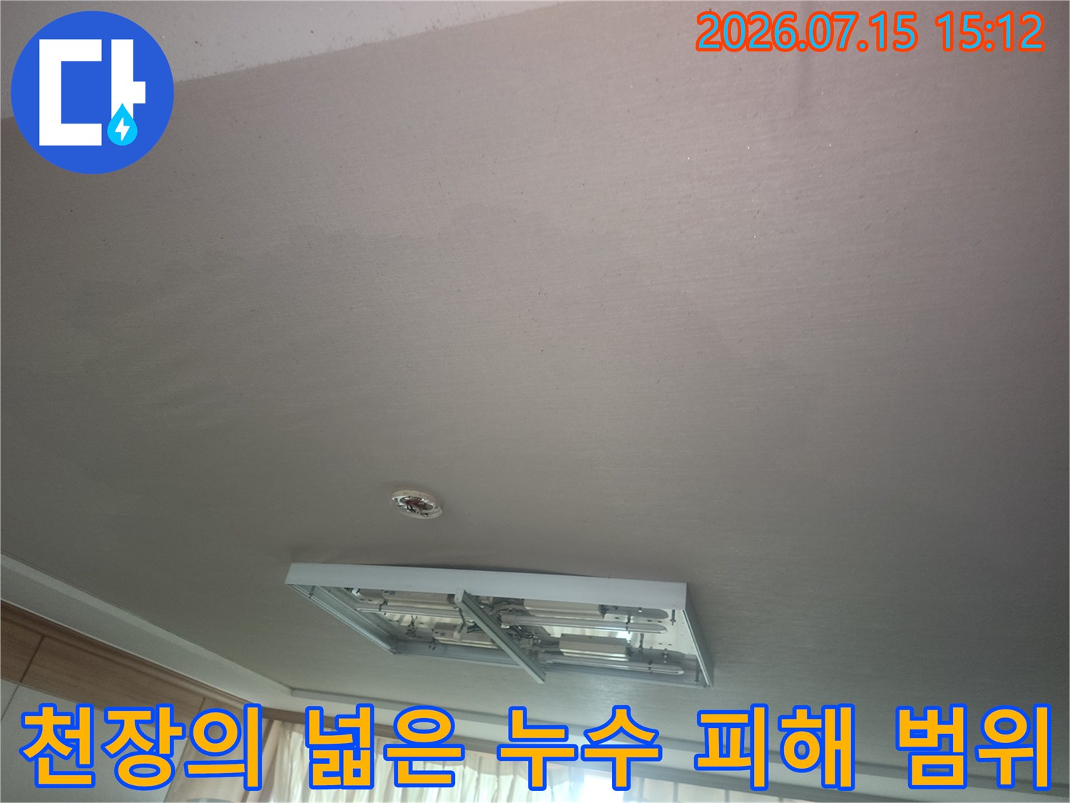 거실 천장에 발생한 광범위한 물 얼룩과 변색된 마감재 사진