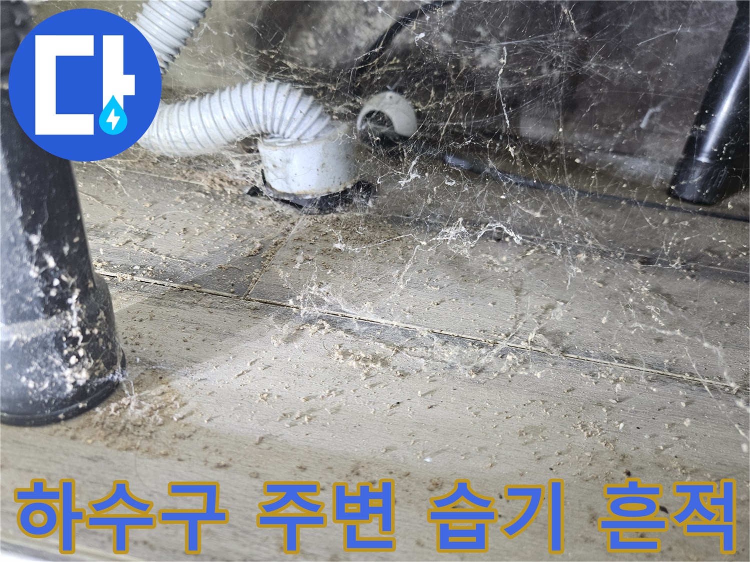 배수관 연결 부근에 뭉쳐 있는 먼지와 습기를 보여주는 사진입니다.