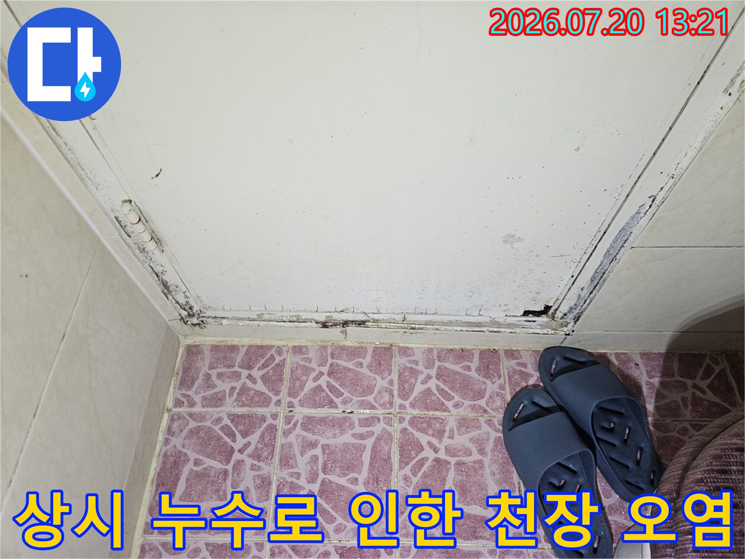 화장실 천장 내부 배관 부근에 발생한 습기 및 곰팡이 오염 상태