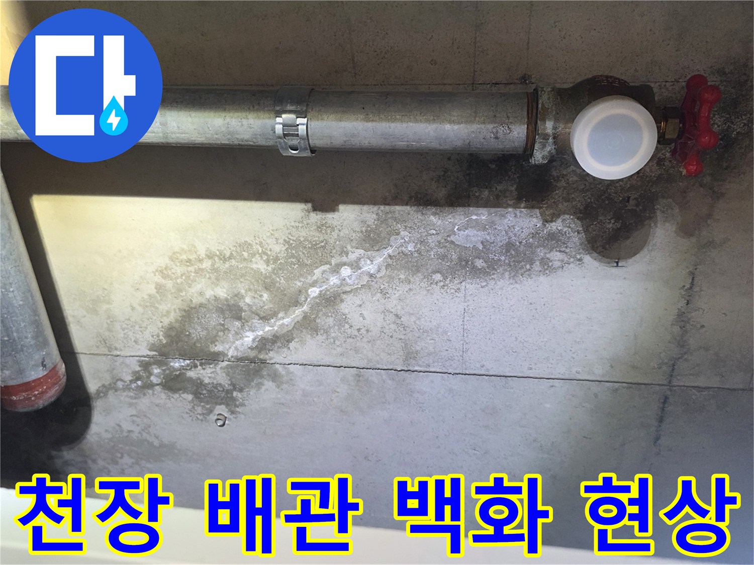 배관 주변 콘크리트에 나타난 하얀 석회 가루와 습기 흔적