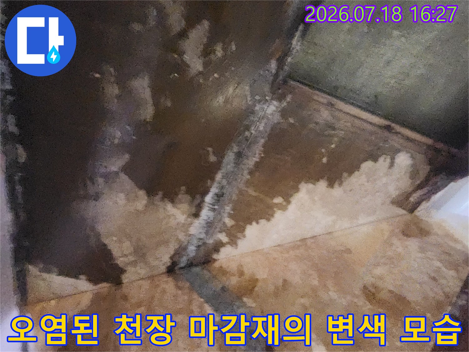 습기로 인해 갈색으로 얼룩지고 곰팡이가 핀 천장의 근접 사진