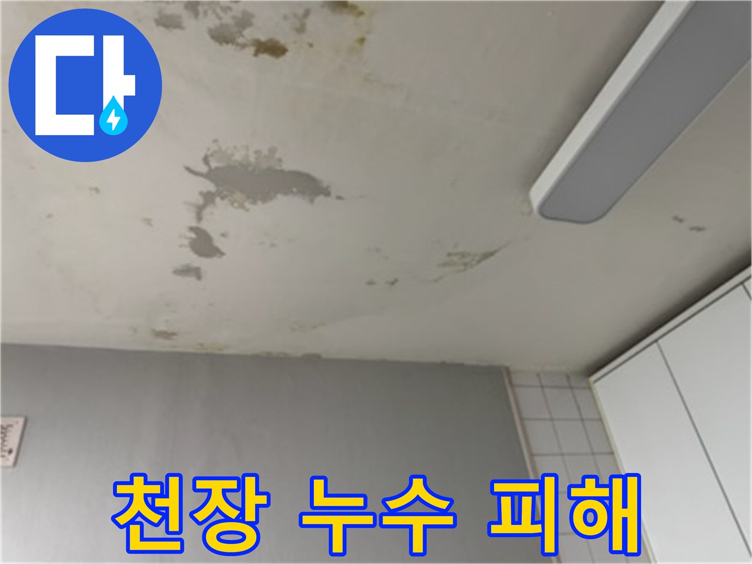 물샘 증상이 나타난 천장의 변색된 얼룩 부위