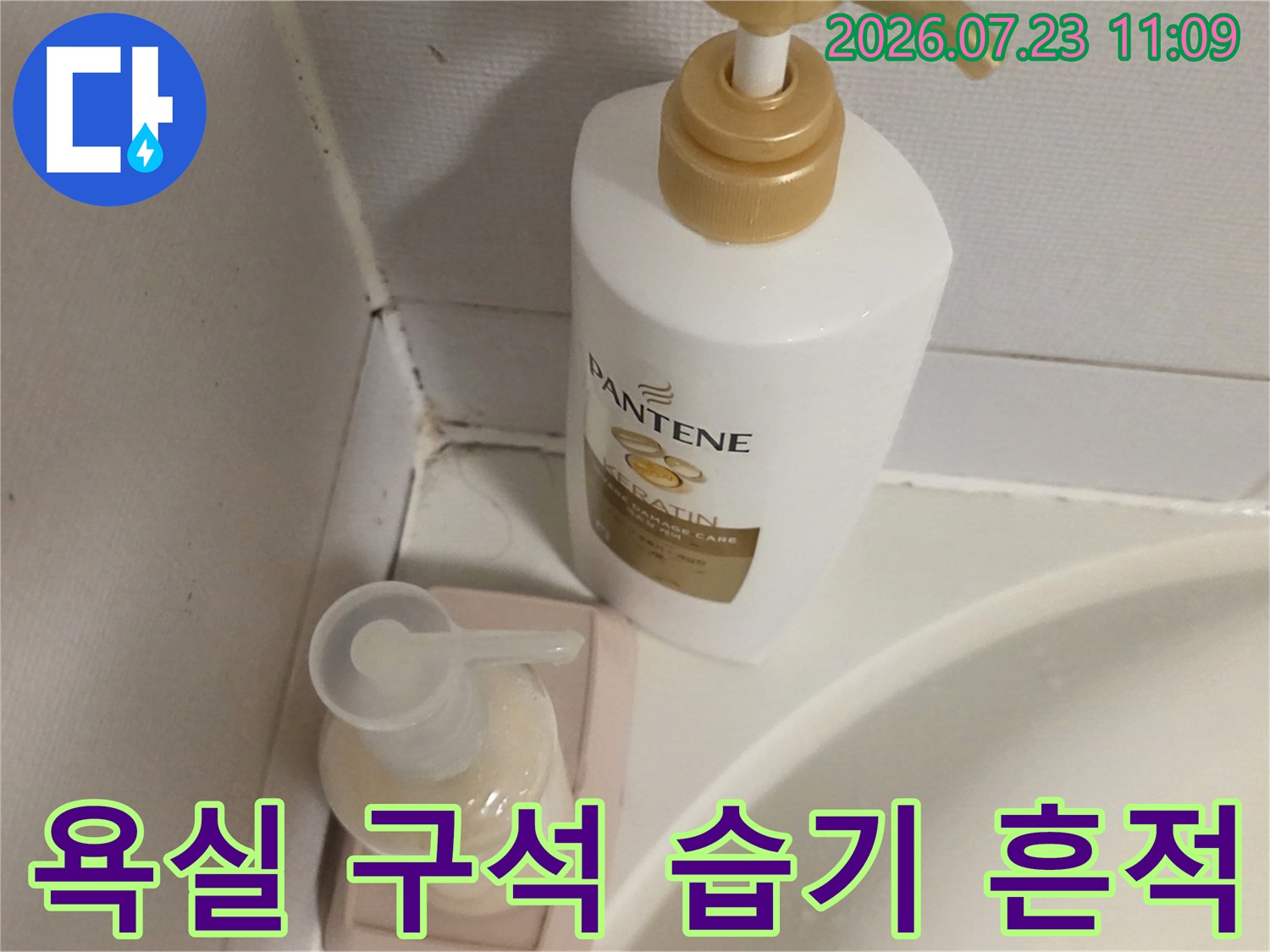 샴푸 통 뒤쪽 타일 모서리에 나타난 검은색 곰팡이와 물때 자국