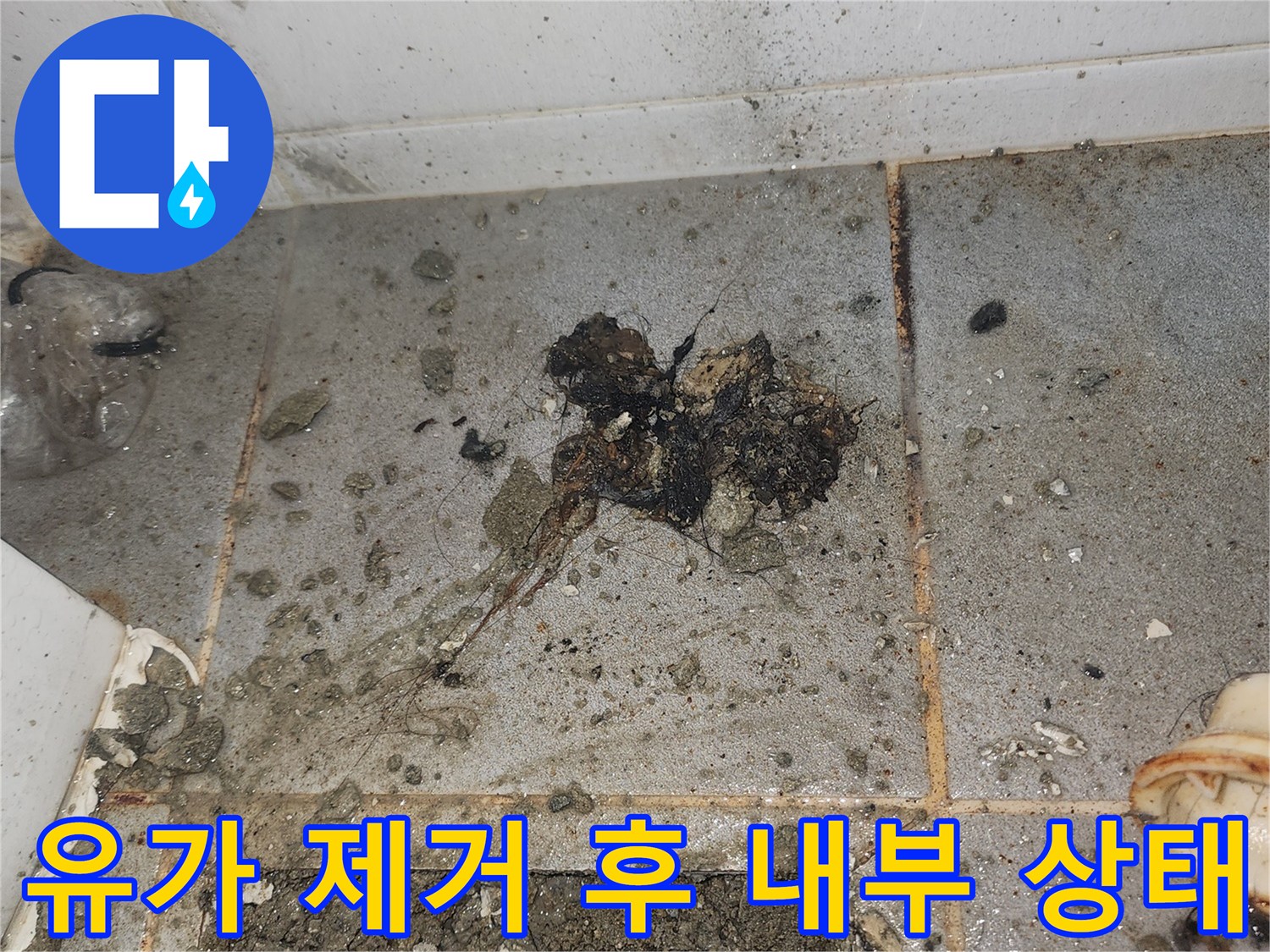 욕실 유가-제거된 부위의 젖은 타일과 오염된 메지
