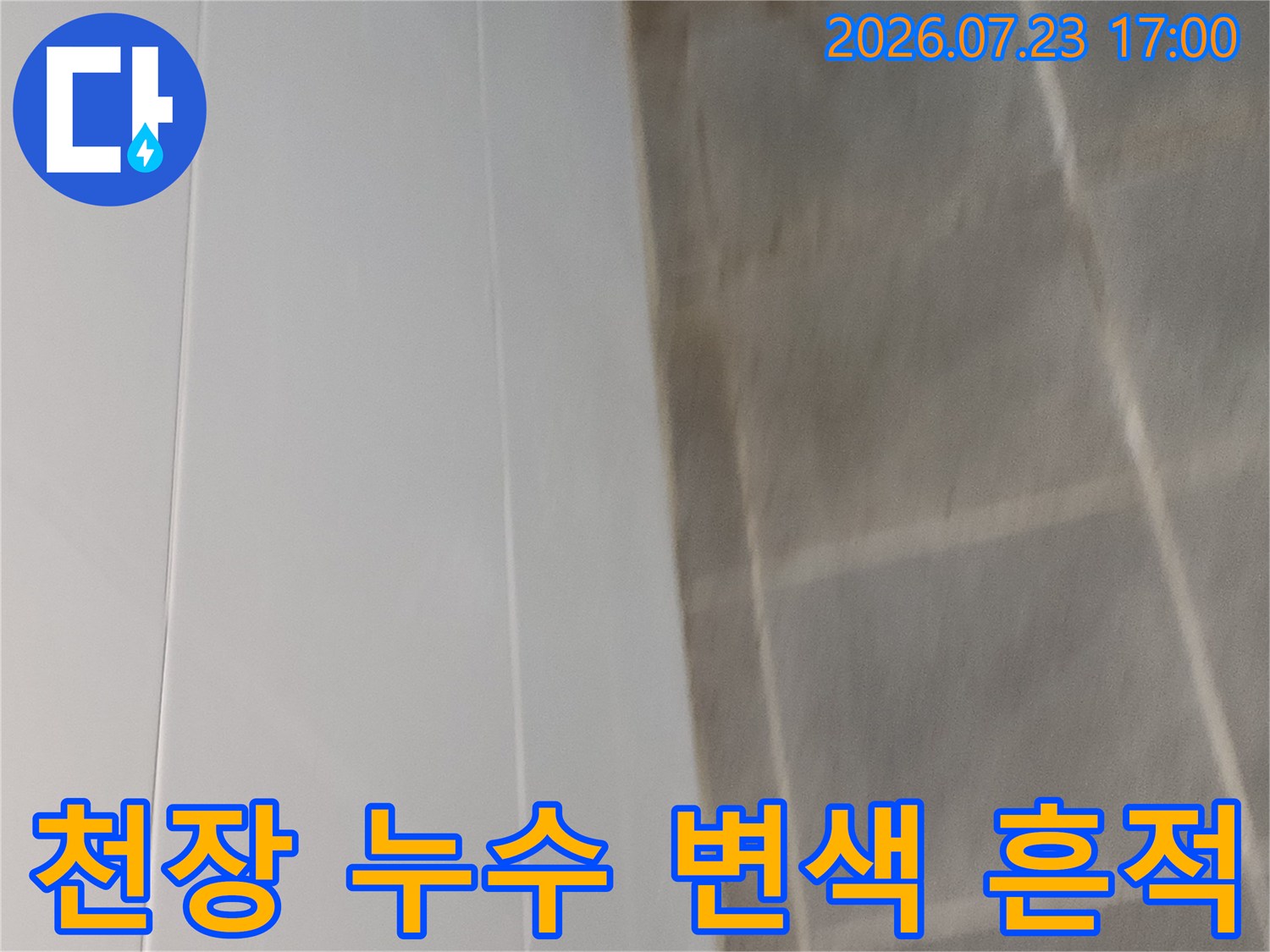 천장 표면에 넓게 퍼진 어두운 색의 습기 얼룩-사진